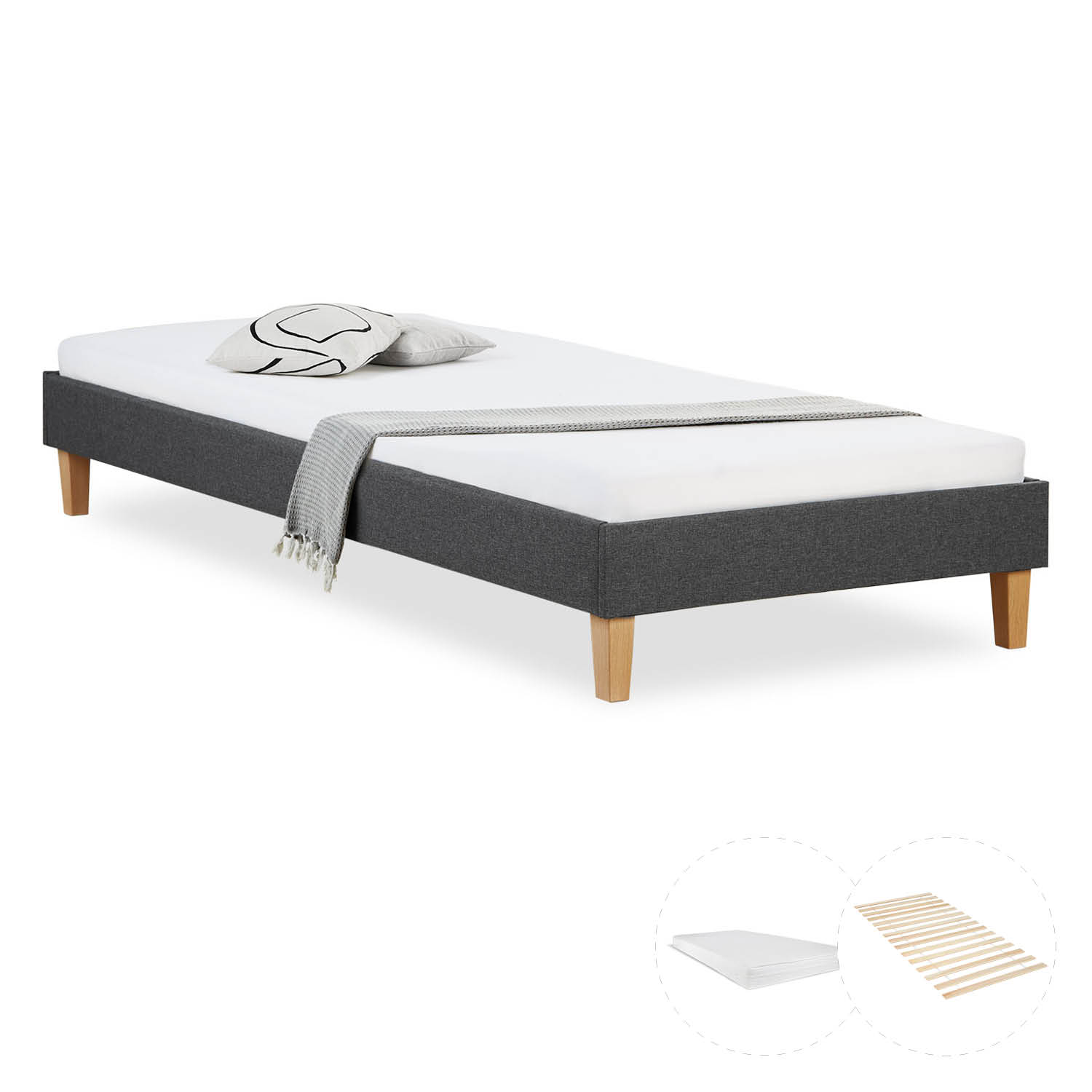 Upholstered Bed with Mattress 90x200 Slatted Frame Single Bed Fabric Bedstead Bed Grey Upholstered Bed with Mattress 90x200 Slatted Frame Single Bed Fabric Bedstead Bed Grey