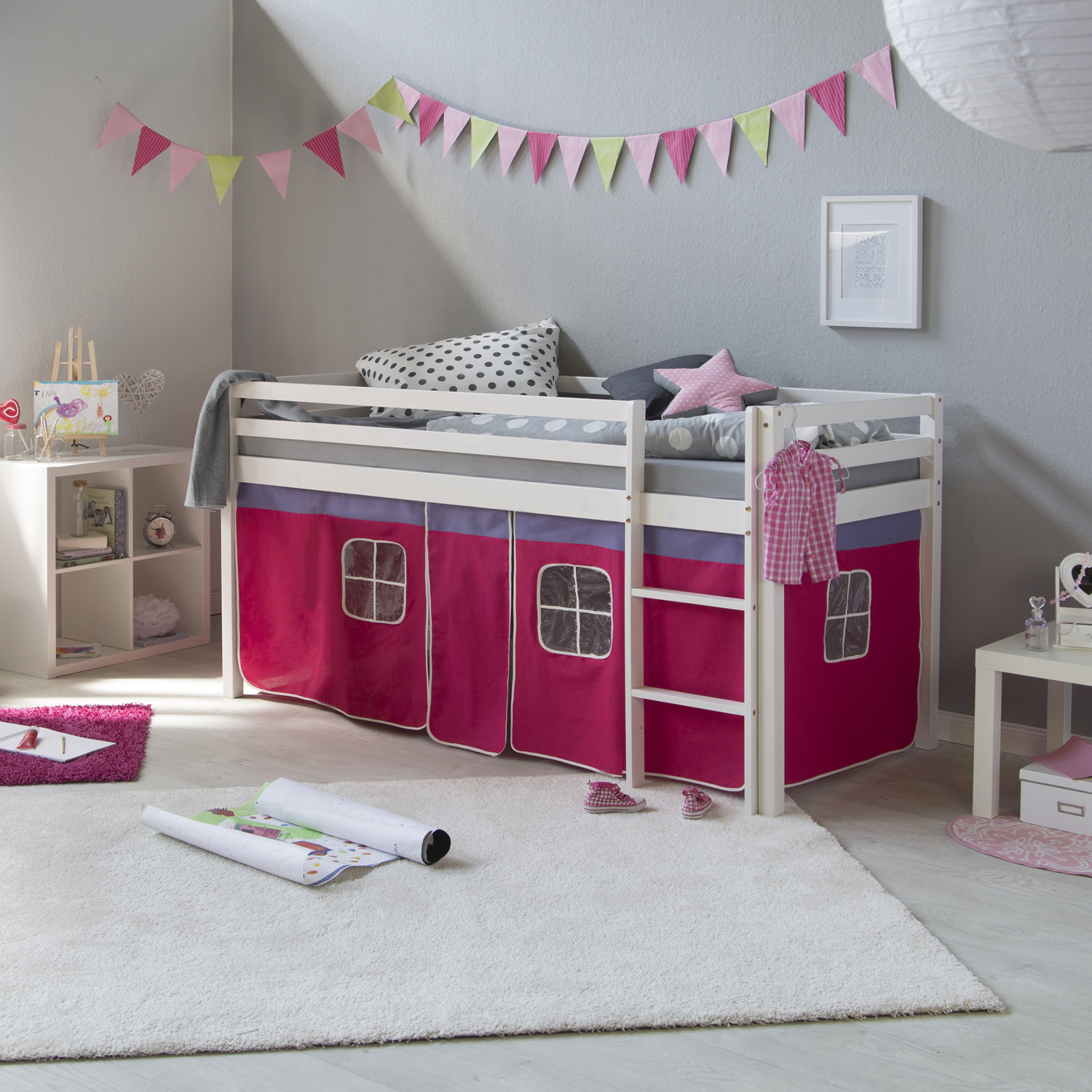 Loft Bed Kids 90x200 cm White with Curtain Pink | without Slatted Frame