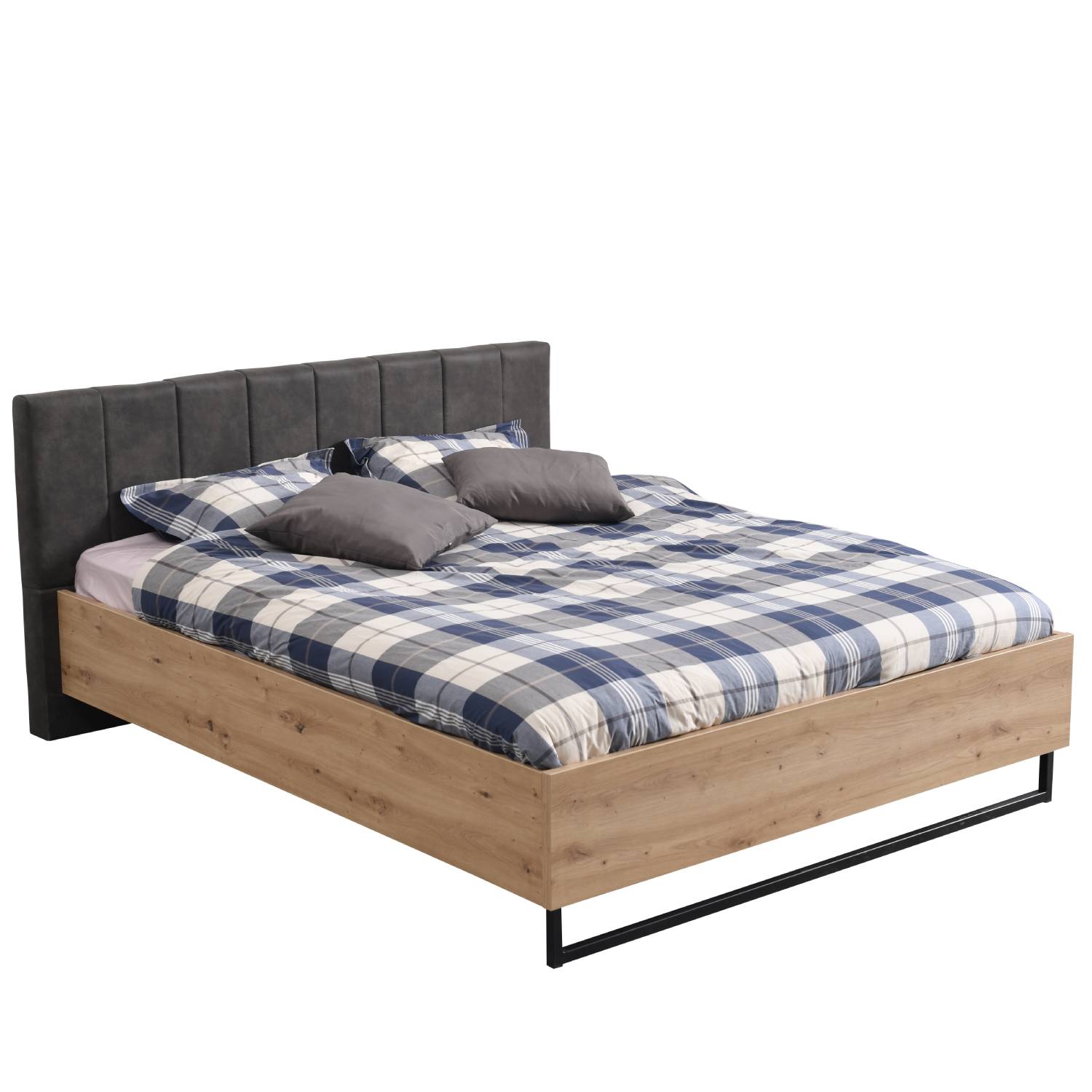 Doppelbett Holzbett Polsterbett 180x200 cm Bett Lattenrost Eiche Stoff Grau Industrial Style