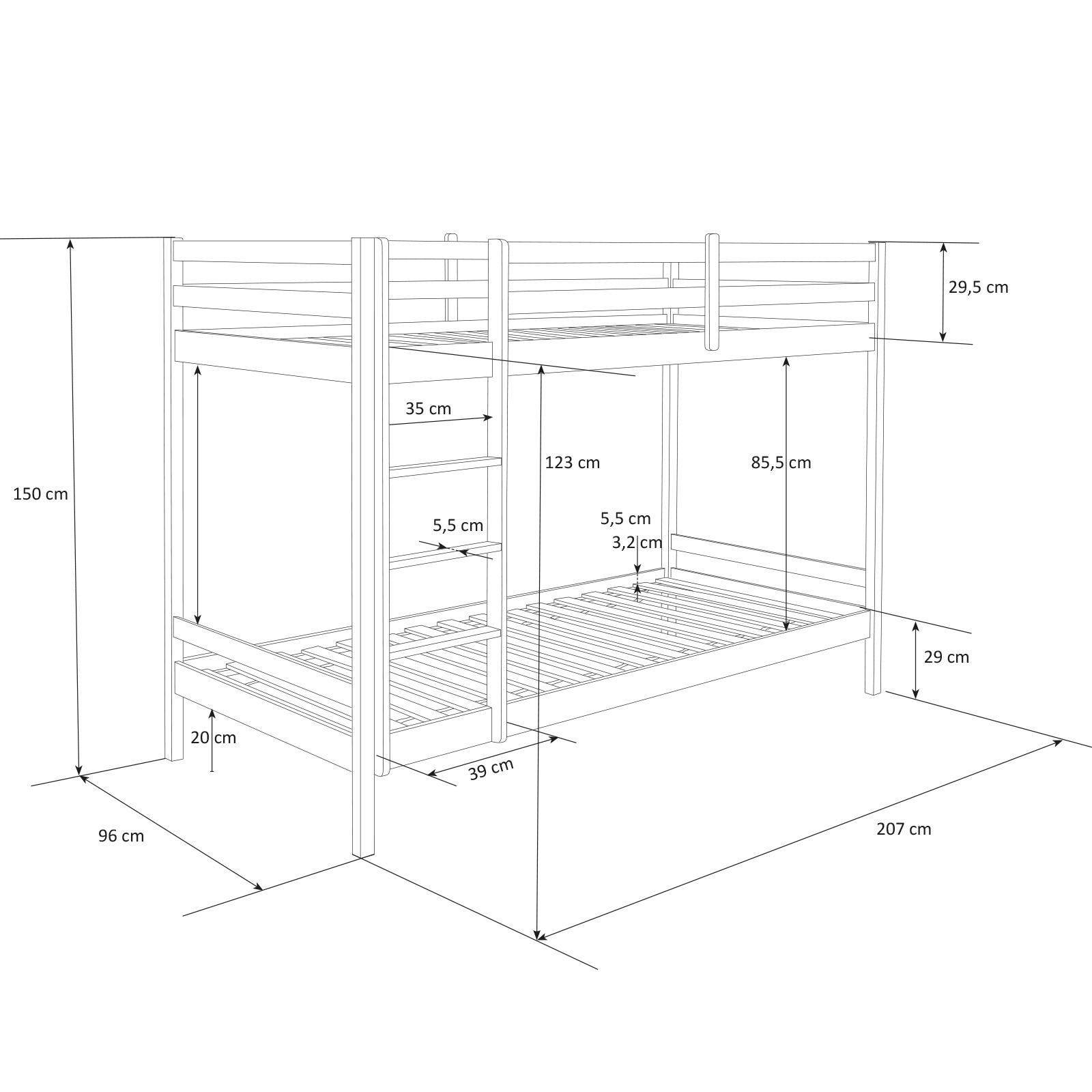 Bunk bed 3FT Wooden children Kids Bed High Sleeper solid Pine loft white