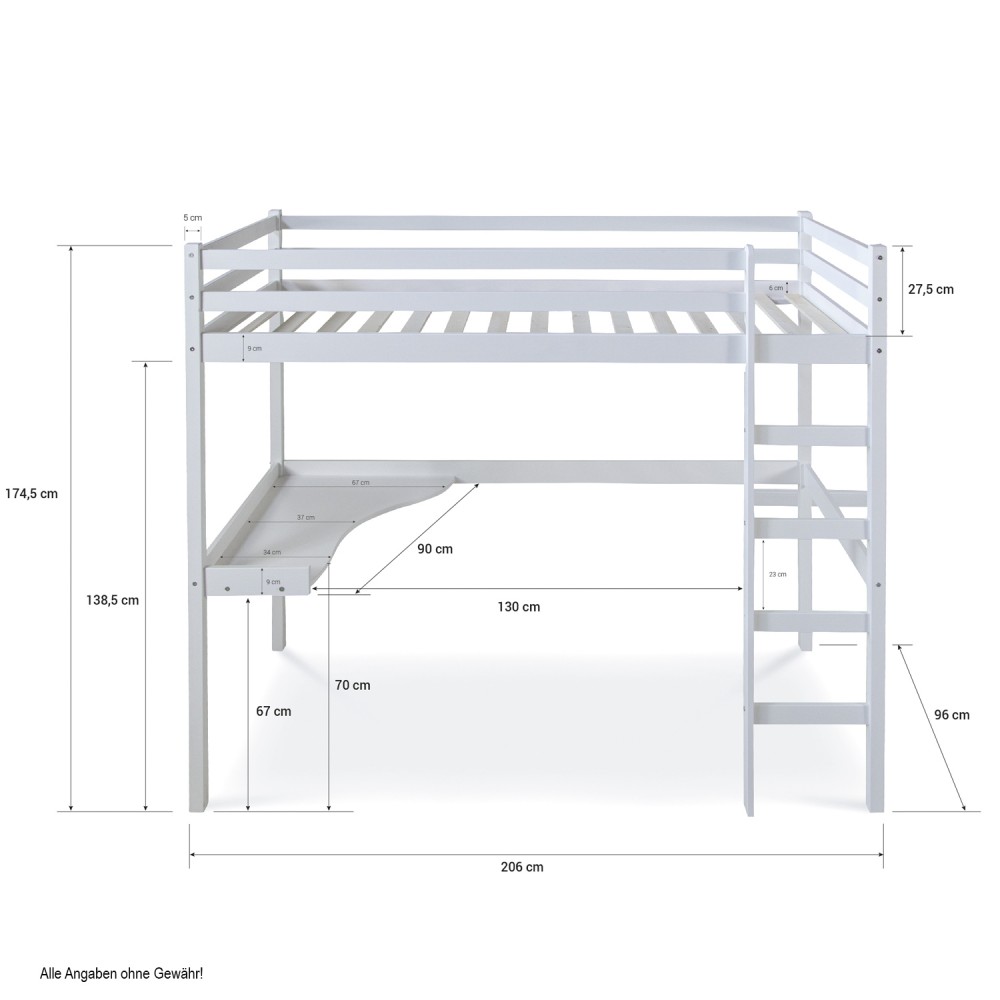 Hochbett Kinder 90x200 cm Weiß | Leiter | Schreibtisch inkl.