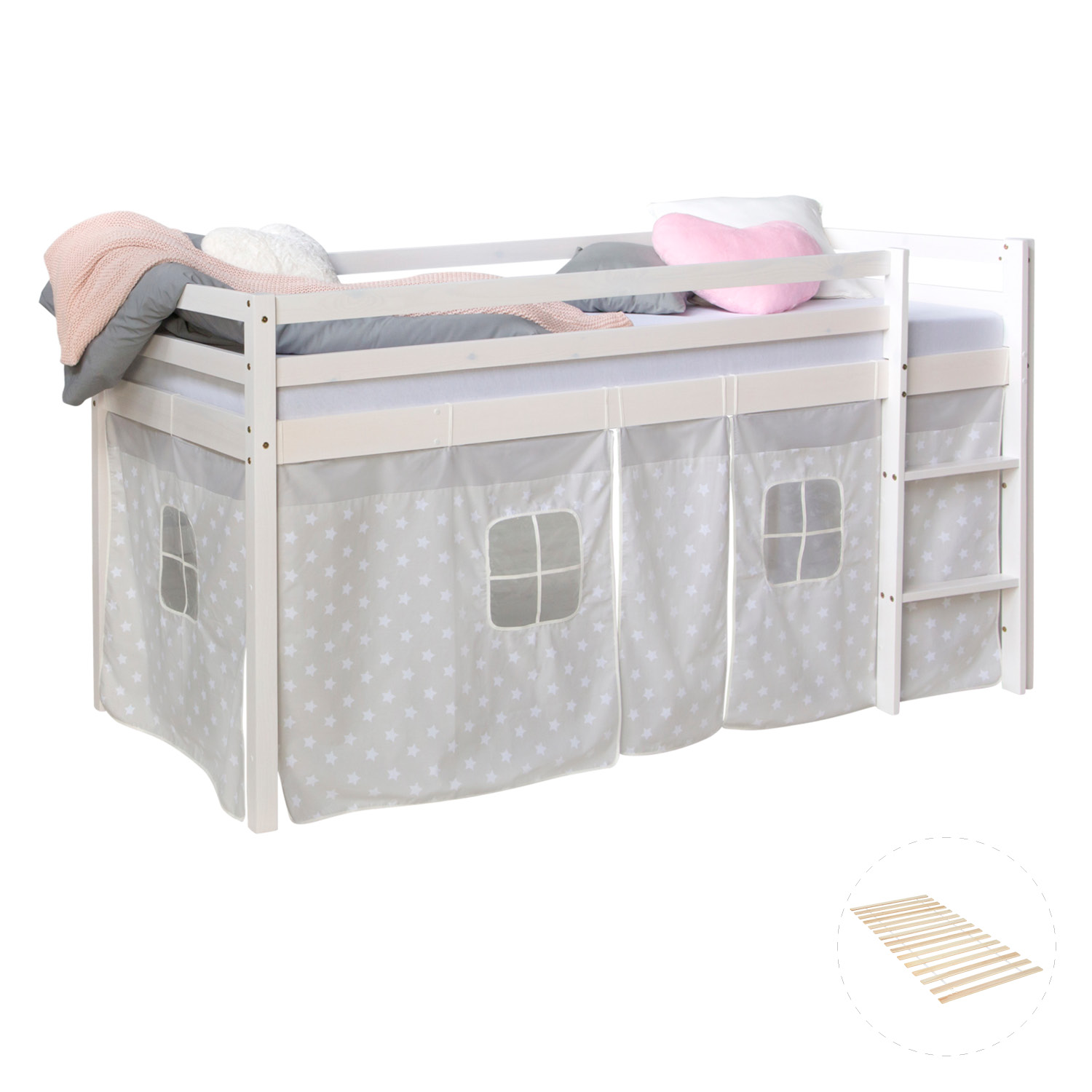 Loft Bed Kids 90x200 cm White with Curtain Stars | with Slatted Frame
