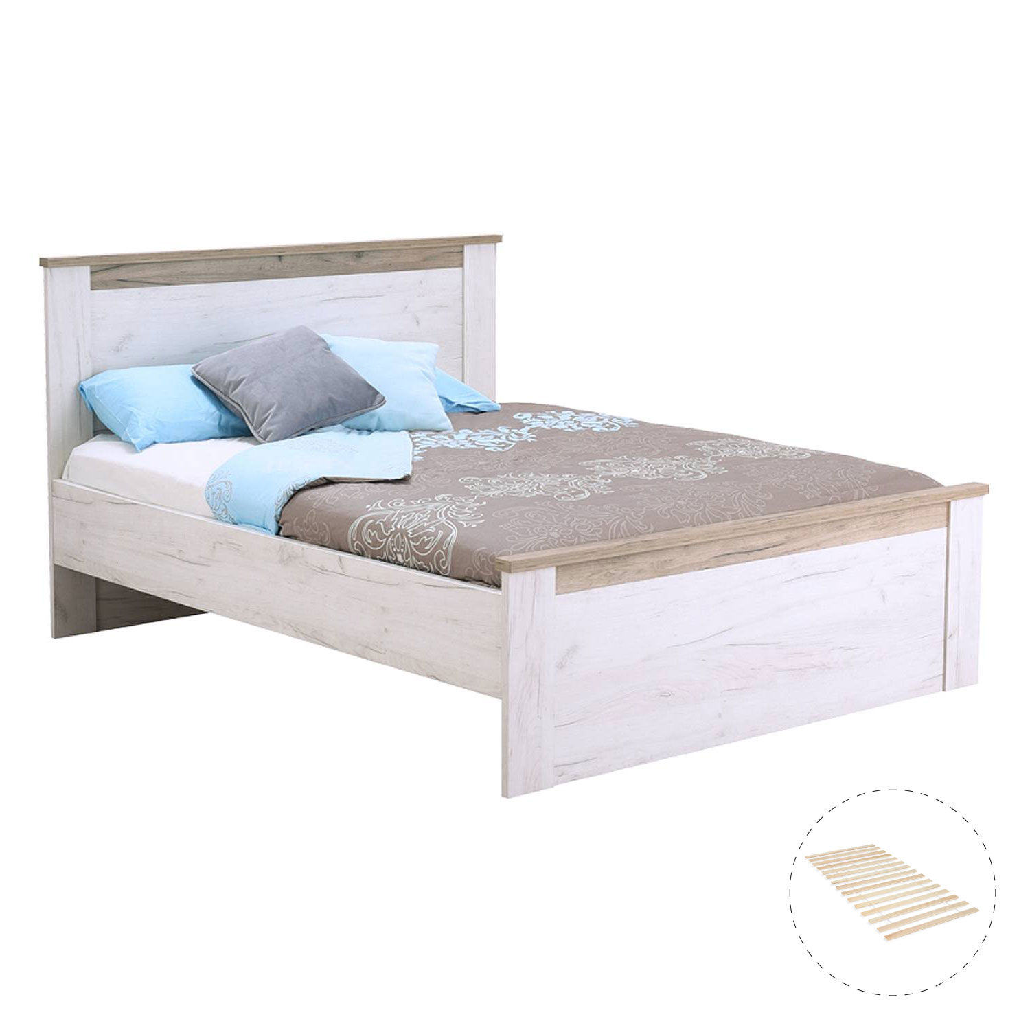 Doppelbett Bettgestell Holzbett 160x200 cm Lattenrost Bettrahmen Bett Ehebett Eiche Weiß Grau