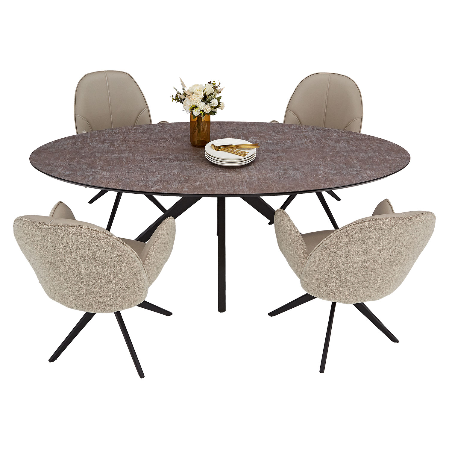 Modern Dining Table Oval Brown Black with 4 Bouclé Leather Chairs Beige Dining Room Table 8 Seater Industrial Look
