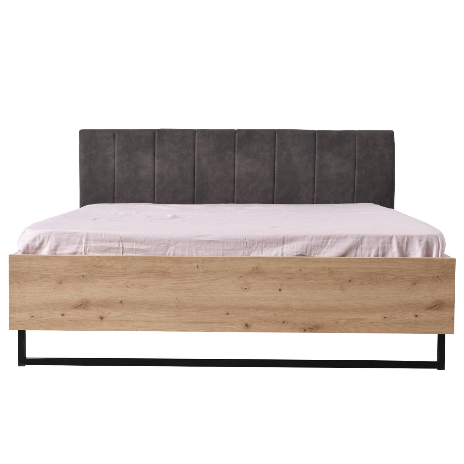 Doppelbett Holzbett Polsterbett 180x200 cm Bett Lattenrost Eiche Stoff Grau Industrial Style