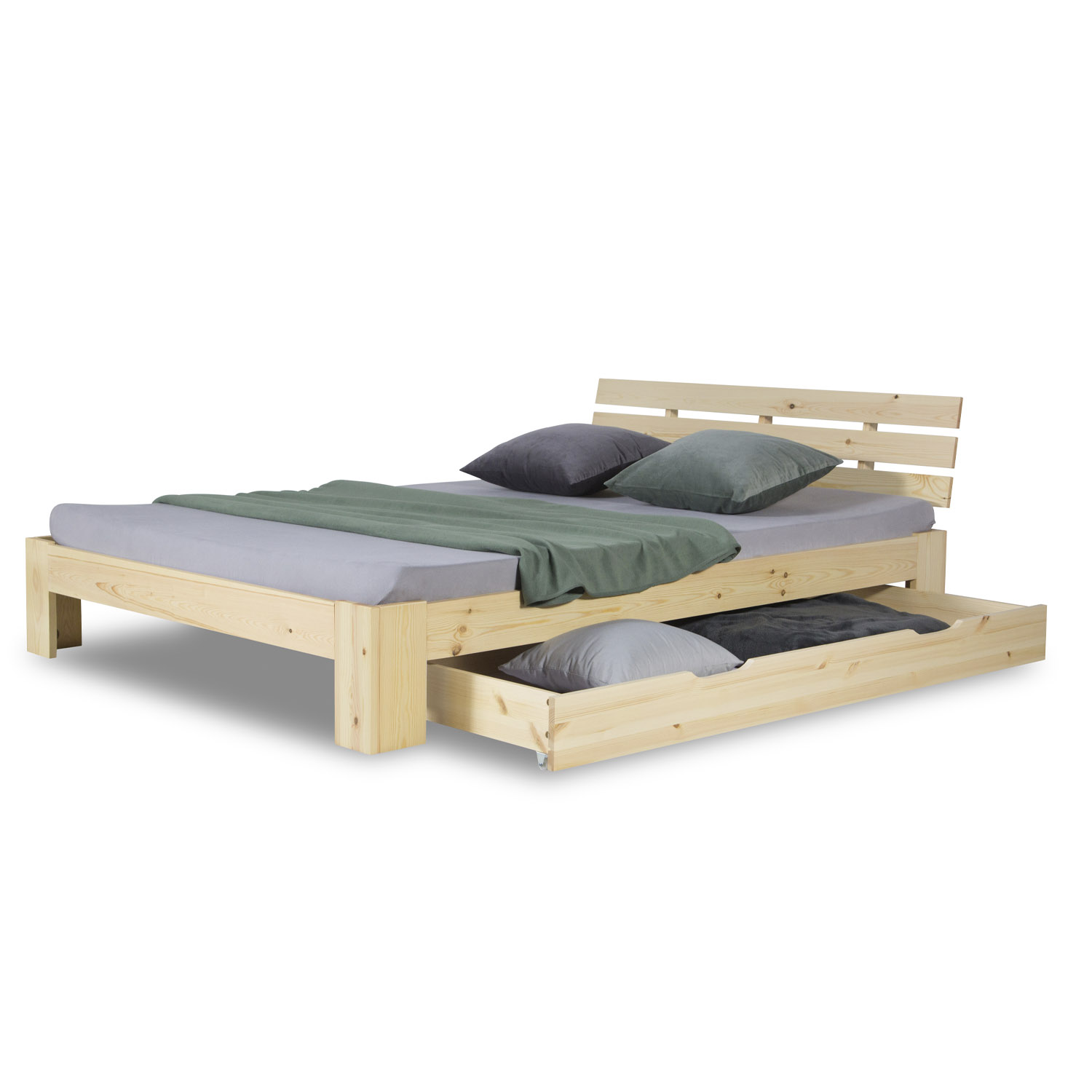 Wood Bed 140x200 cm Natural | Double Bed with Storage Drawer | with Slatted Frame | Solid | Kids Youth Guest Bedroom