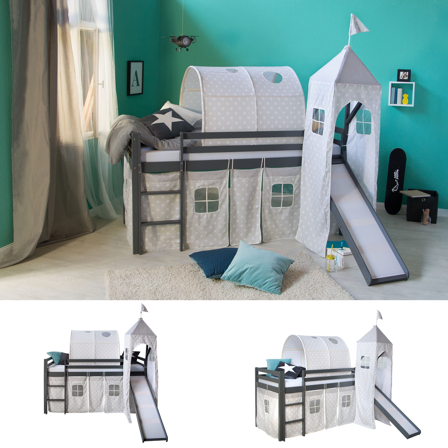 Lit Mezzanine Enfant 90x200 cm Gris avec Rideau Étoiles | Tunnel | Tour | Toboggan | sans Sommier