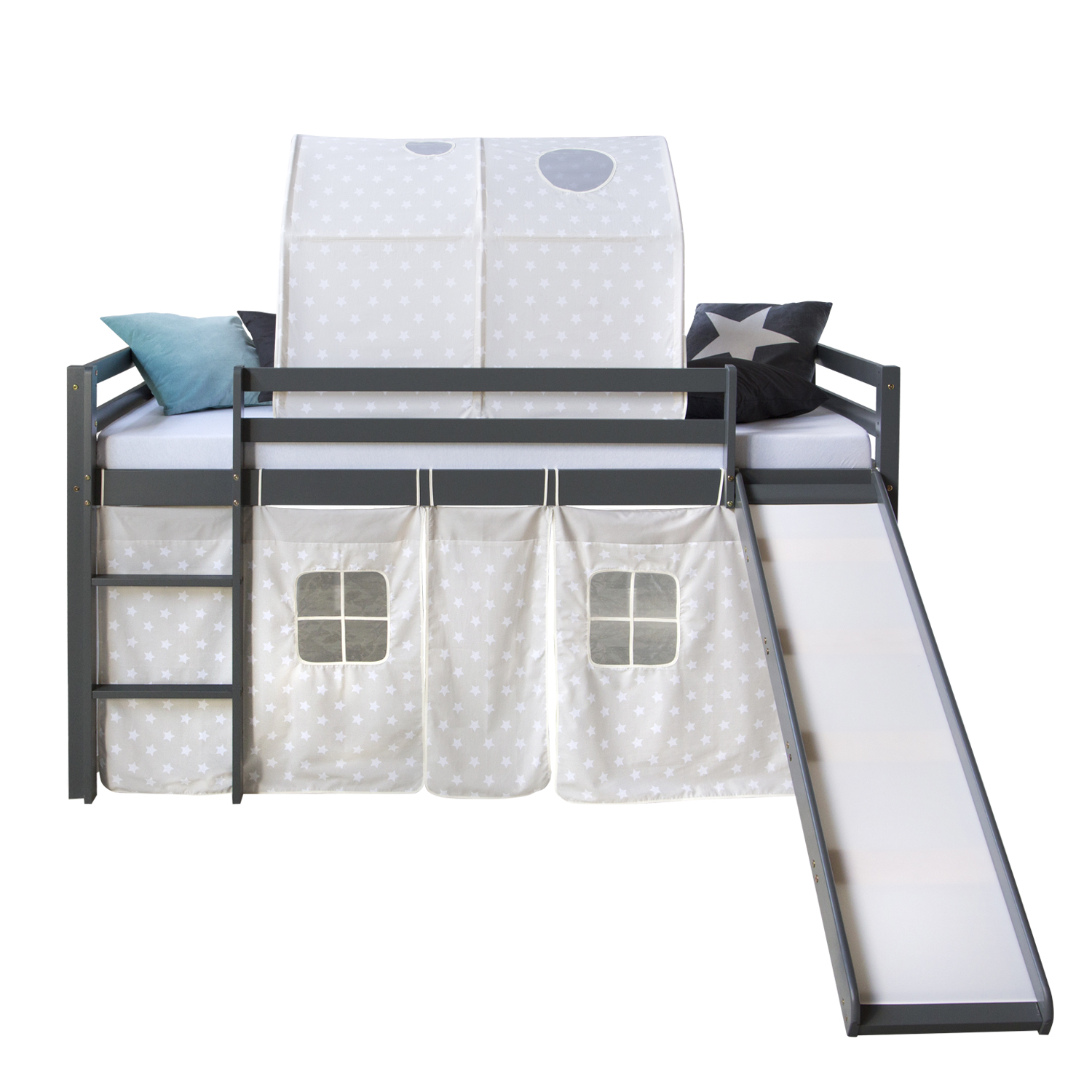 Loftbed with Slide 90x200 cm Slats Grey Bunk bed Childrens bed Solid Pine Wood Tunnel Curtain Stars