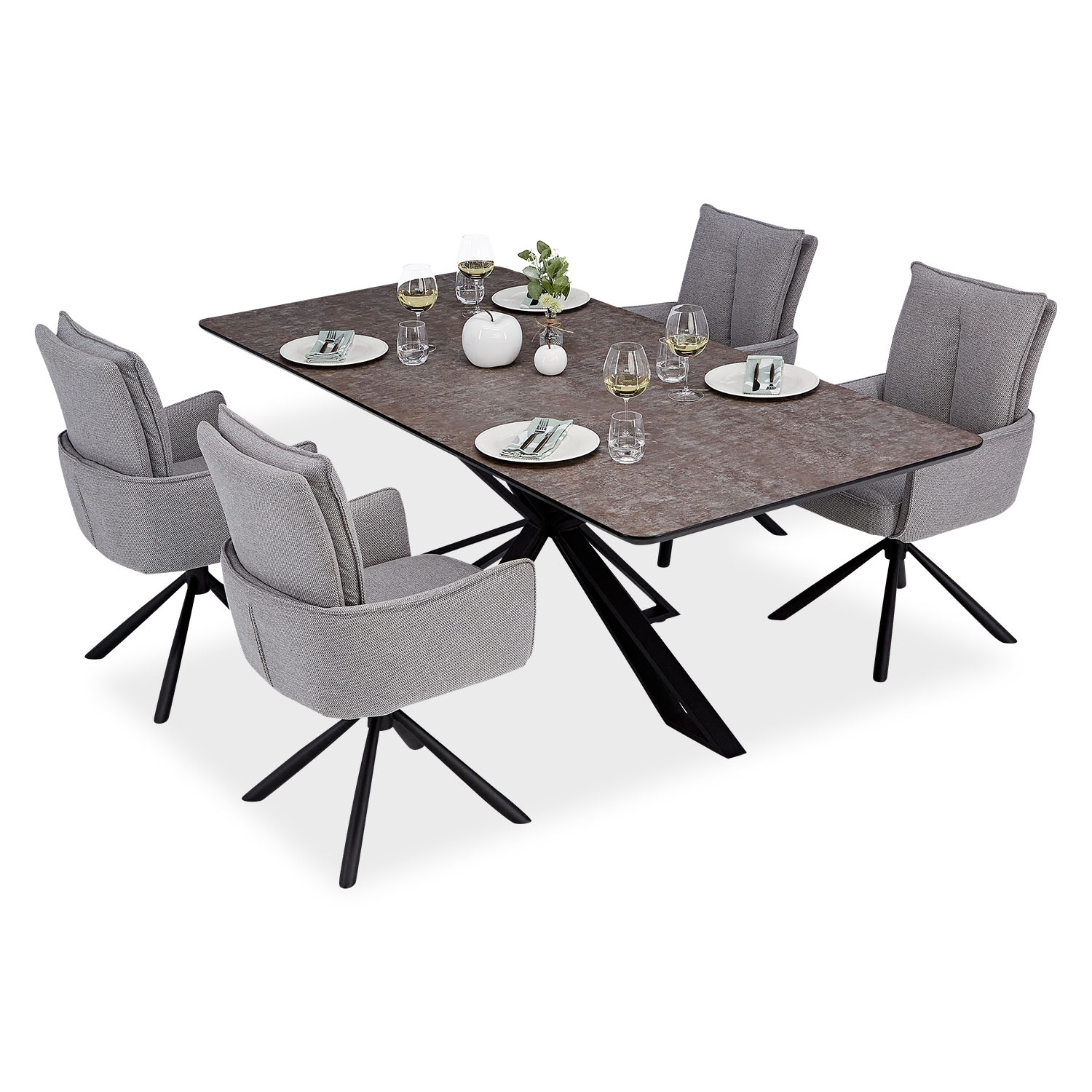 Esstisch mit 4 oder 6 Stühlen Set Essgruppe Polsterstühle Drehbar Grau Anthrazit Esszimmertisch 200x100 cm Metall