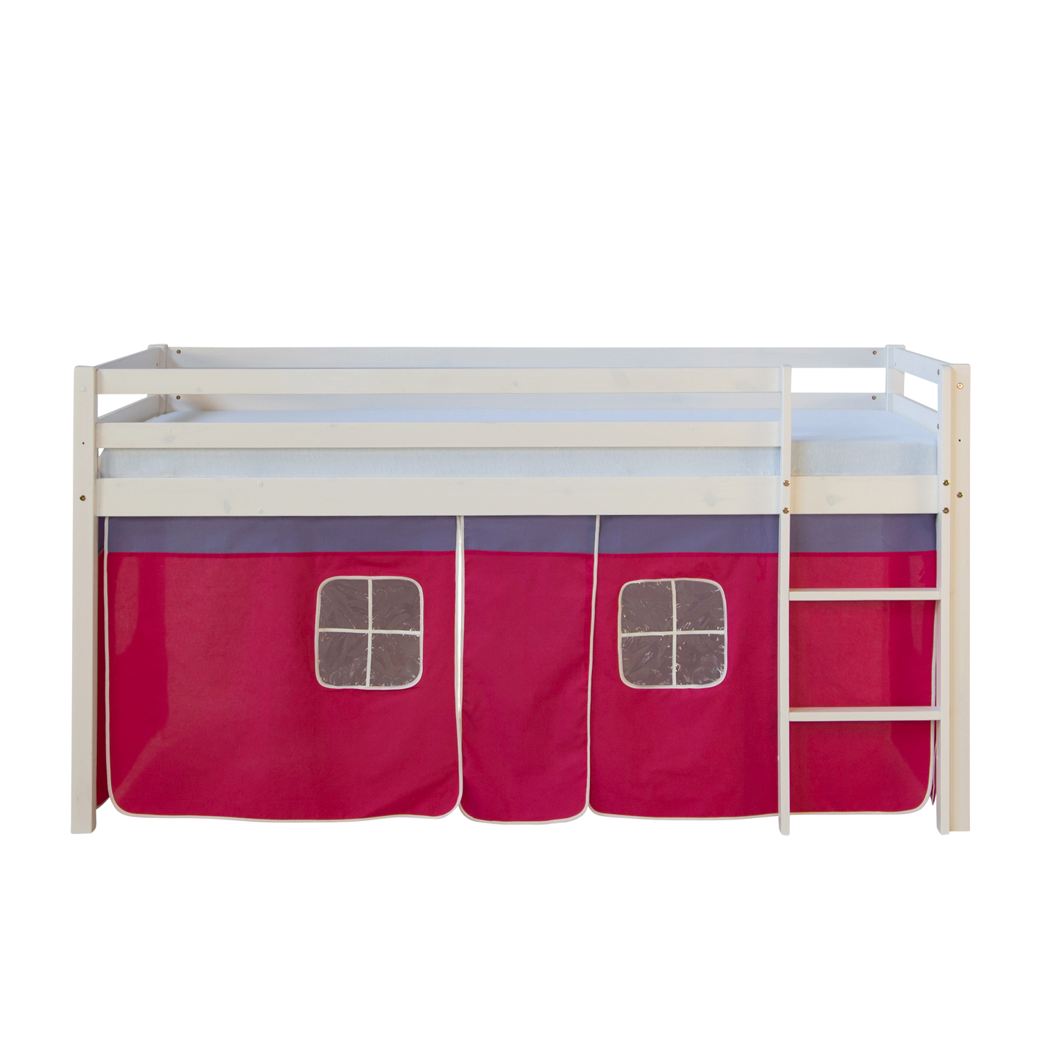 Lit Mezzanine Enfant 90x200 cm Blanc avec Rideau Rose | sans Sommier