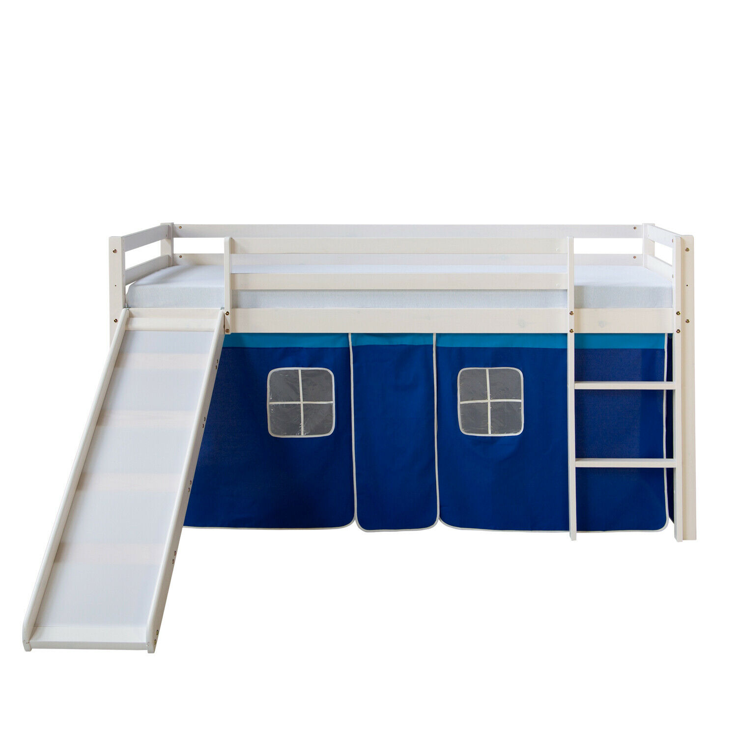 Loft Bed Kids 90x200 cm White with Curtain in Blue | Slide | without Slatted Frame Loft Bed Kids 90x200 cm White with Curtain in Blue | Slide | without Slatted Frame