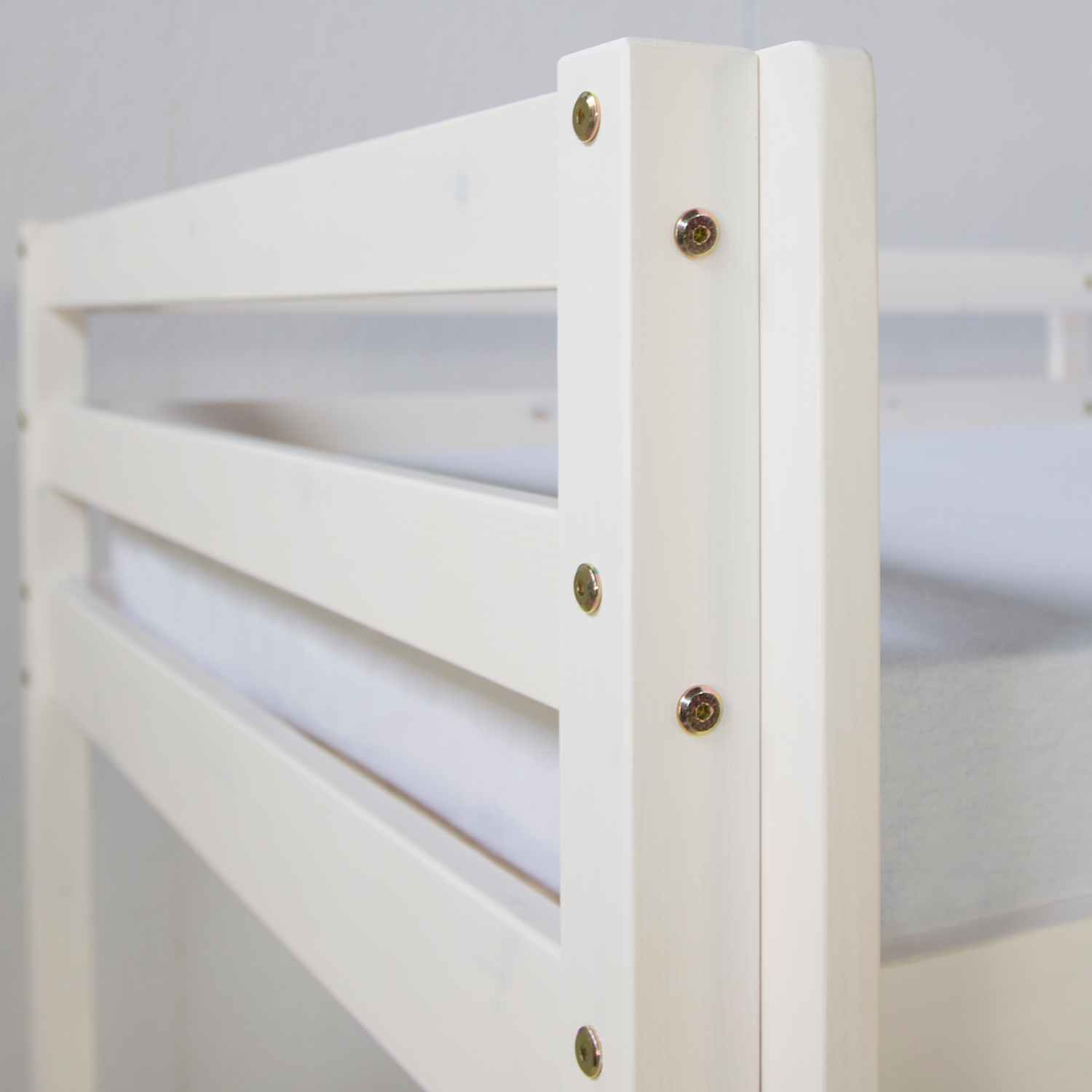 Loft Bed Kids 90x200 cm White Basic | with Slatted Frame Loftbed 90x200 cm with Mattress Bunk bed Childrens bed Solid Pine Wood Curtain Tunnel Grey Stars Slats