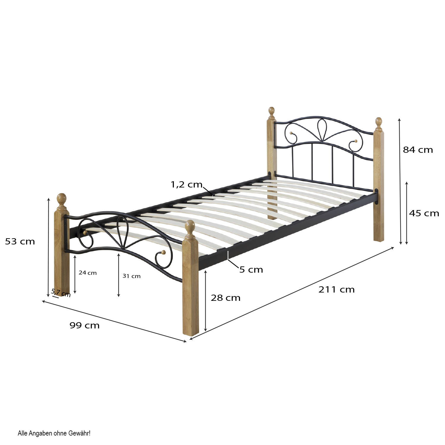 Metal Bed 90x200 Black Daybed Single Bed Youth Bed with Slatted Frame