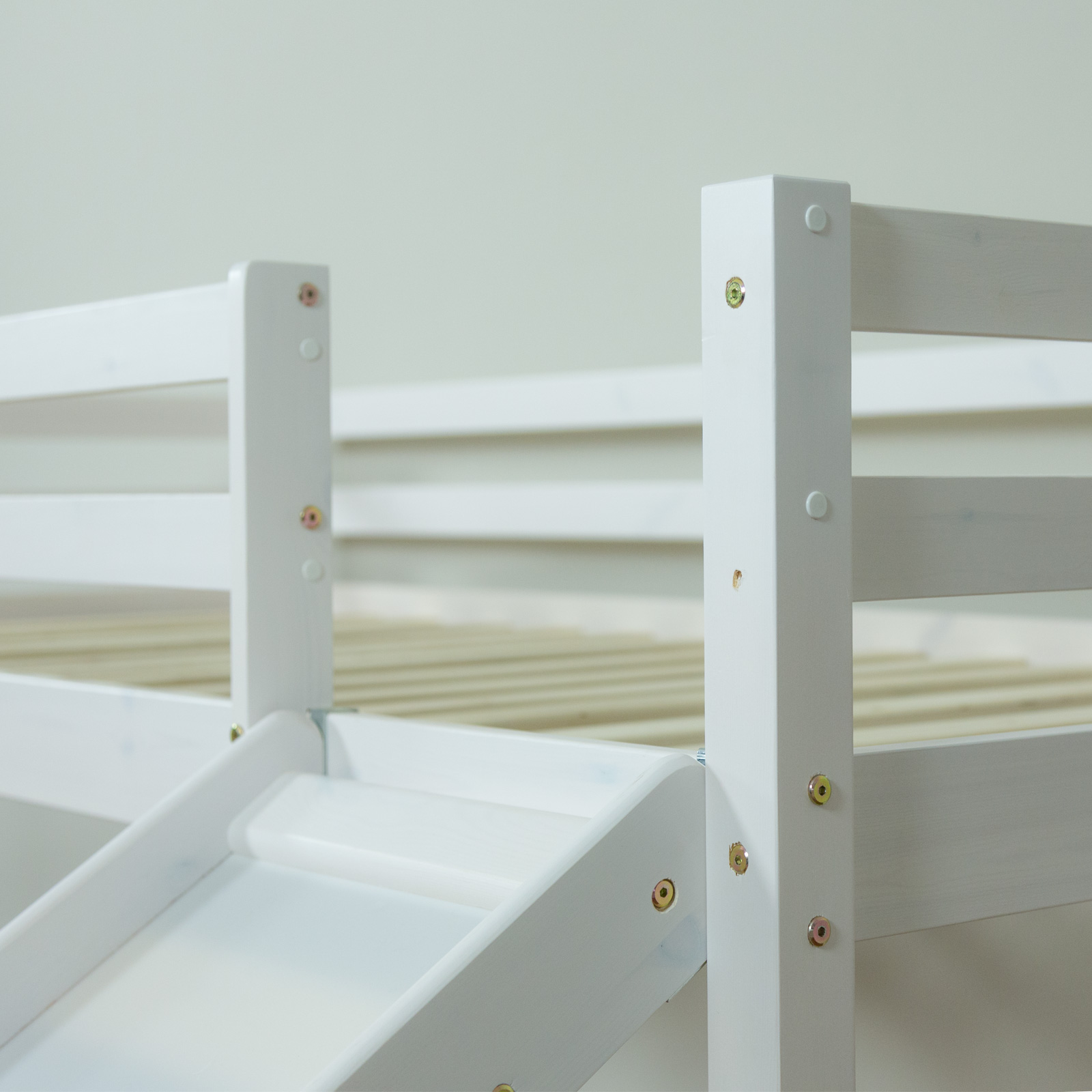 Loft Bed Kids 90x200 cm White with Curtain in Pink | Tunnel | Tower | Slide | without Slatted Frame Loftbed with Slide 90x200 cm Mattress Tower Bunk bed Childrens bed Solid Pine Wood Curtain Tunnel Grey Stars Slats