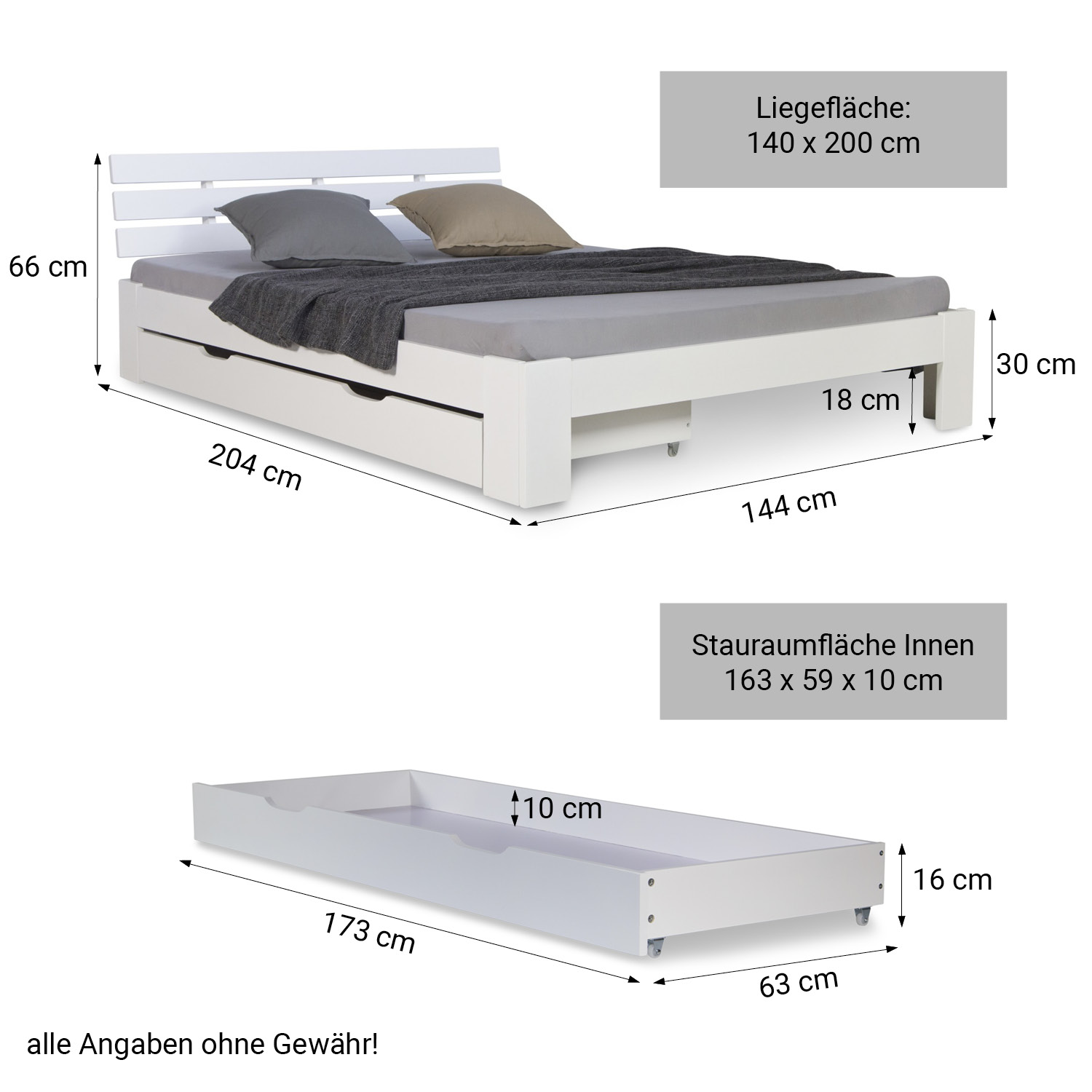 Wood Bed 140x200 cm White | Double Bed with Storage Drawer | with Slatted Frame | Solid | Kids Youth Guest Bedroom