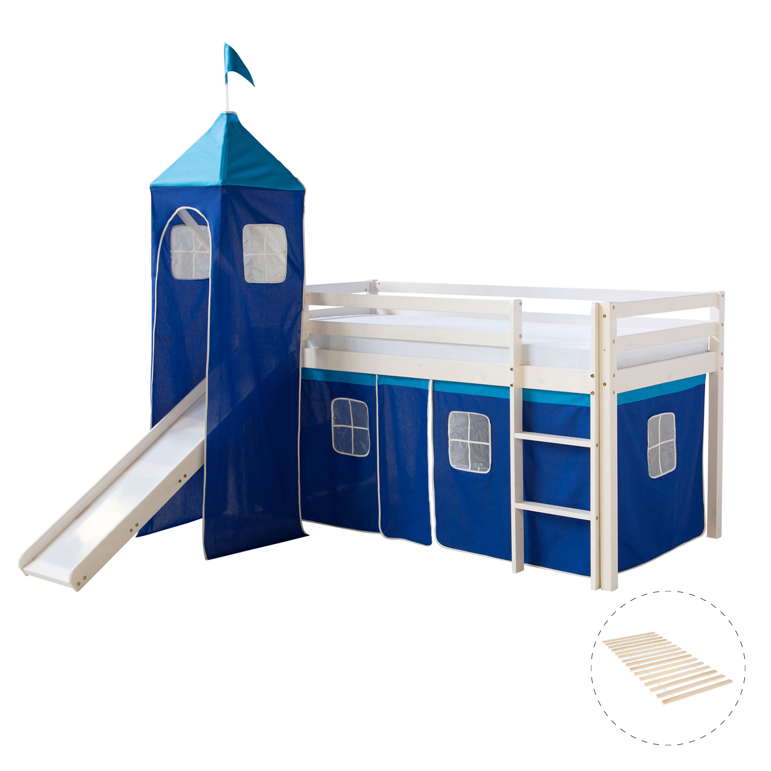 Loft Bed Kids 90x200 cm White with Curtain in Blue | Tower | Slide | with Slatted Frame Loft Bed Kids 90x200 cm White with Curtain in Blue | Tower | Slide | with Slatted Frame