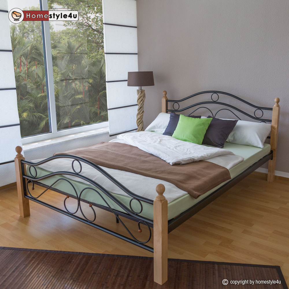 Metal Bed Iron Bed Double 180 x 200 Wood Slatted black natural bed frame 803 Metal Bed Iron Bed Double 160 x 200 Wood Slatted black natural bed frame 803