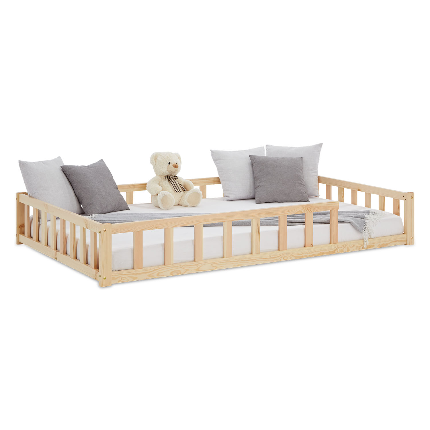 Children's Bed 120x200 Natural | Floor Bed with Slatted Frame | with Fall Protection | Montessori