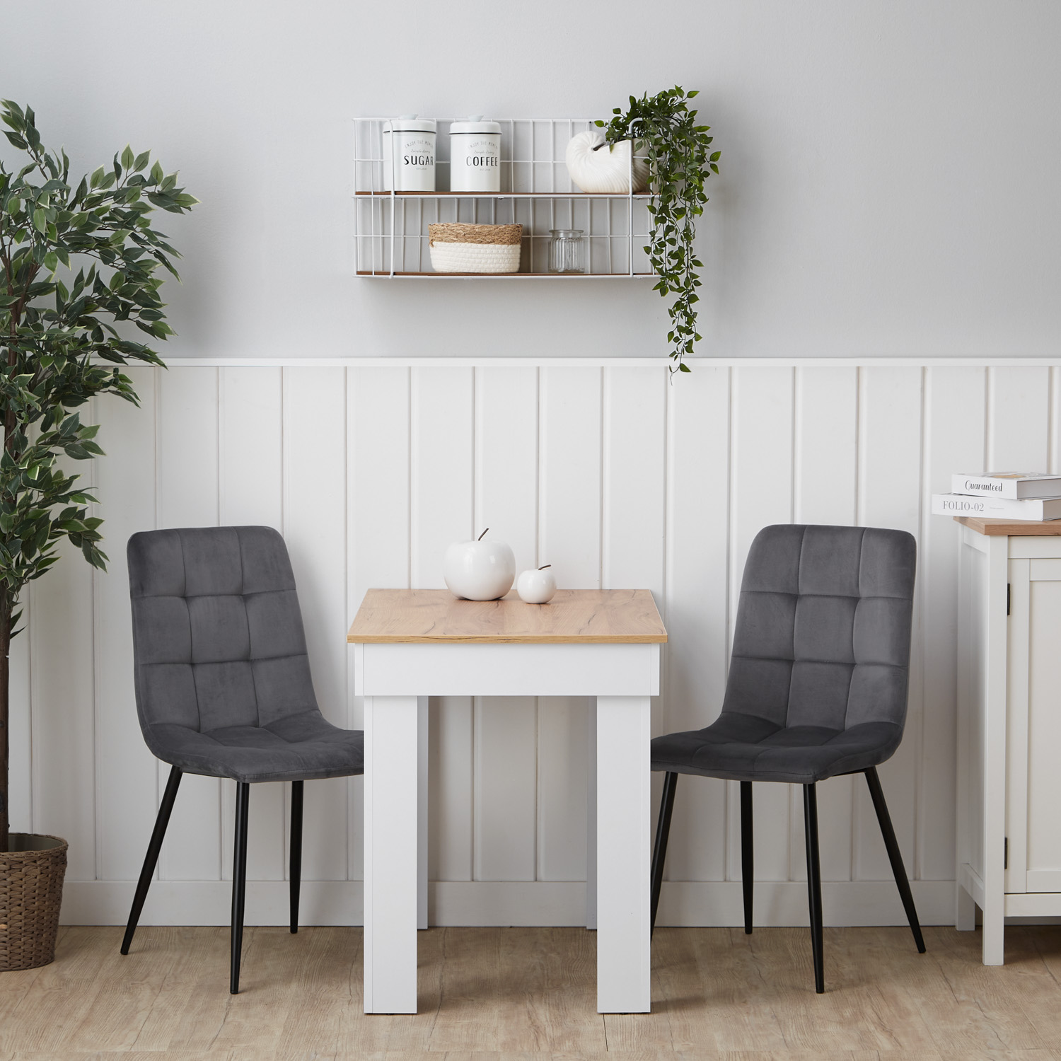 Modern Dining Table White Wood Oak 90x60 cm with 2 Grey Velvet Chairs Dining Room Table Wooden Table