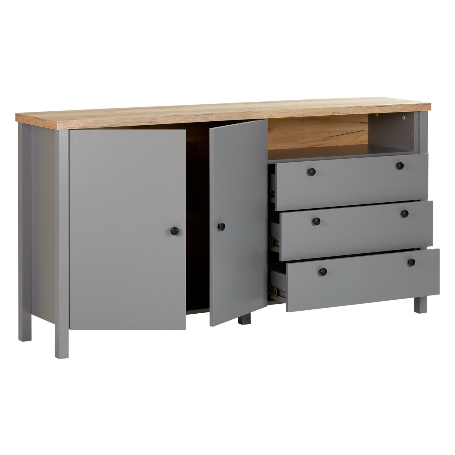 Chest of Drawers Sideboard Grey 166.5 cm Wood Solid Cupboard with 3 Drawers Highboard Living Room Cabinet