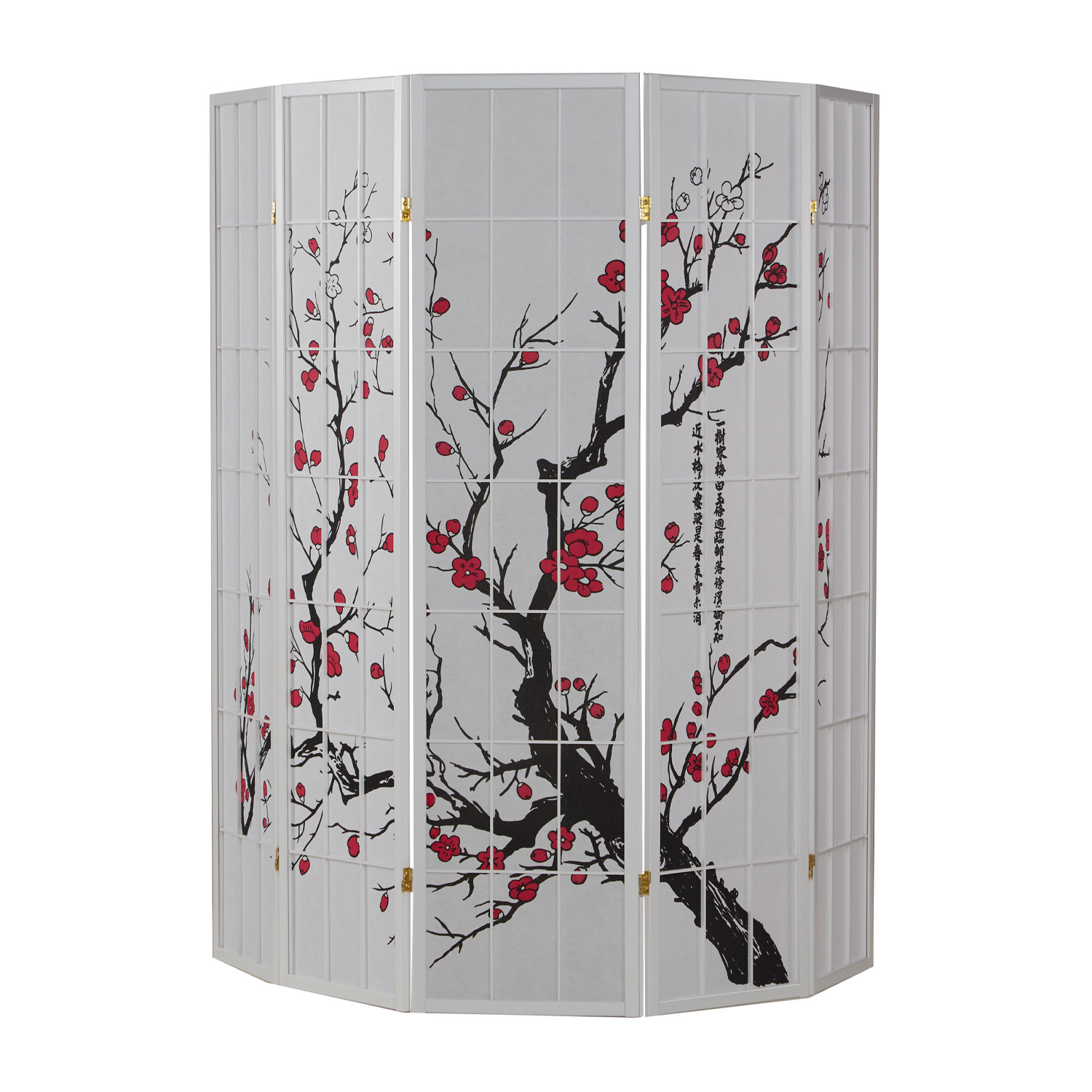 Screen room divider, 5 parts, wood rice paper white, cherry pattern, height 179 cm