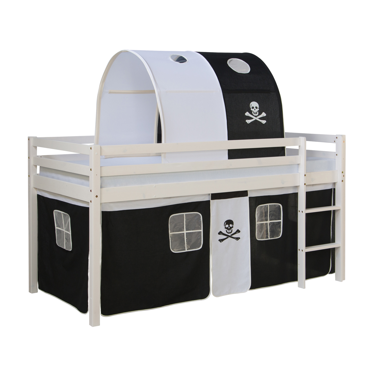 Loftbed 90x200 cm Bunk bed Childrens bed Solid Pine Wood Tower Tunnel Curtain Black Pirate Slide Mattress Slats