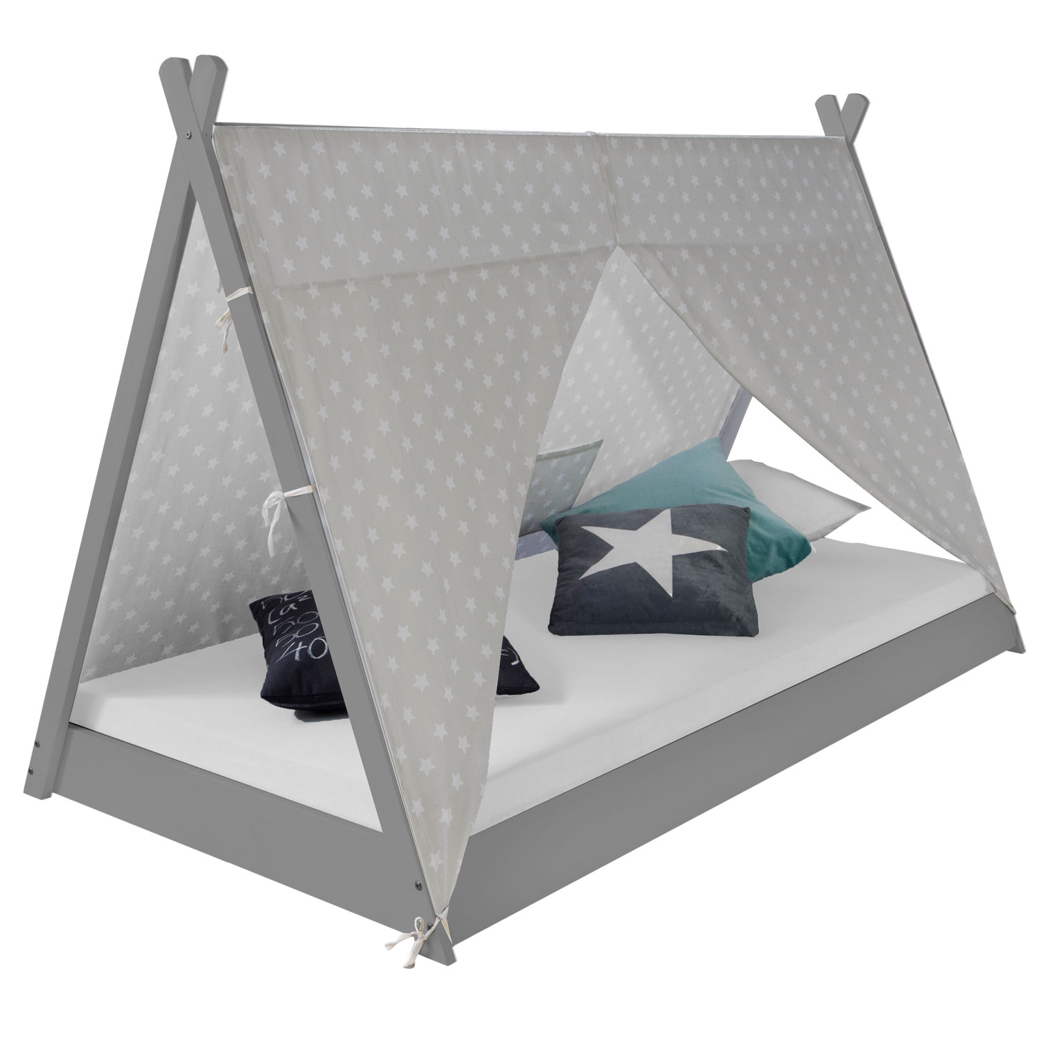 Children bed tipi with mattress tent bed 90x200 youth bed grey canvas stars Children's Bed with Mattress TIPI 90x200 Youth Bed White Grey Wooden Bed Kids Room Fabric Bed Drawer