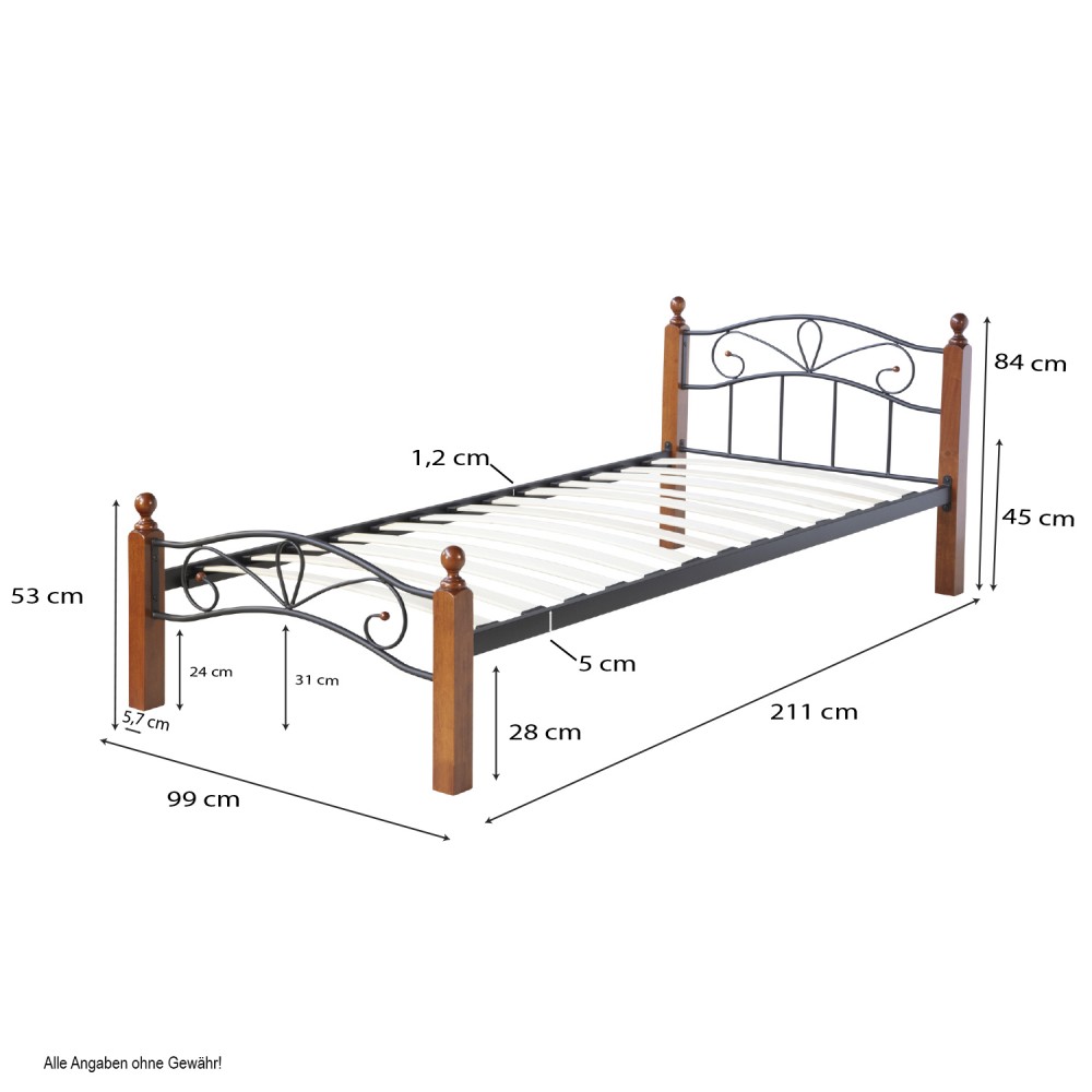 Metallbett 90x200 Schwarz Einzelbett Jugendbett Bettgestell mit Lattenrost