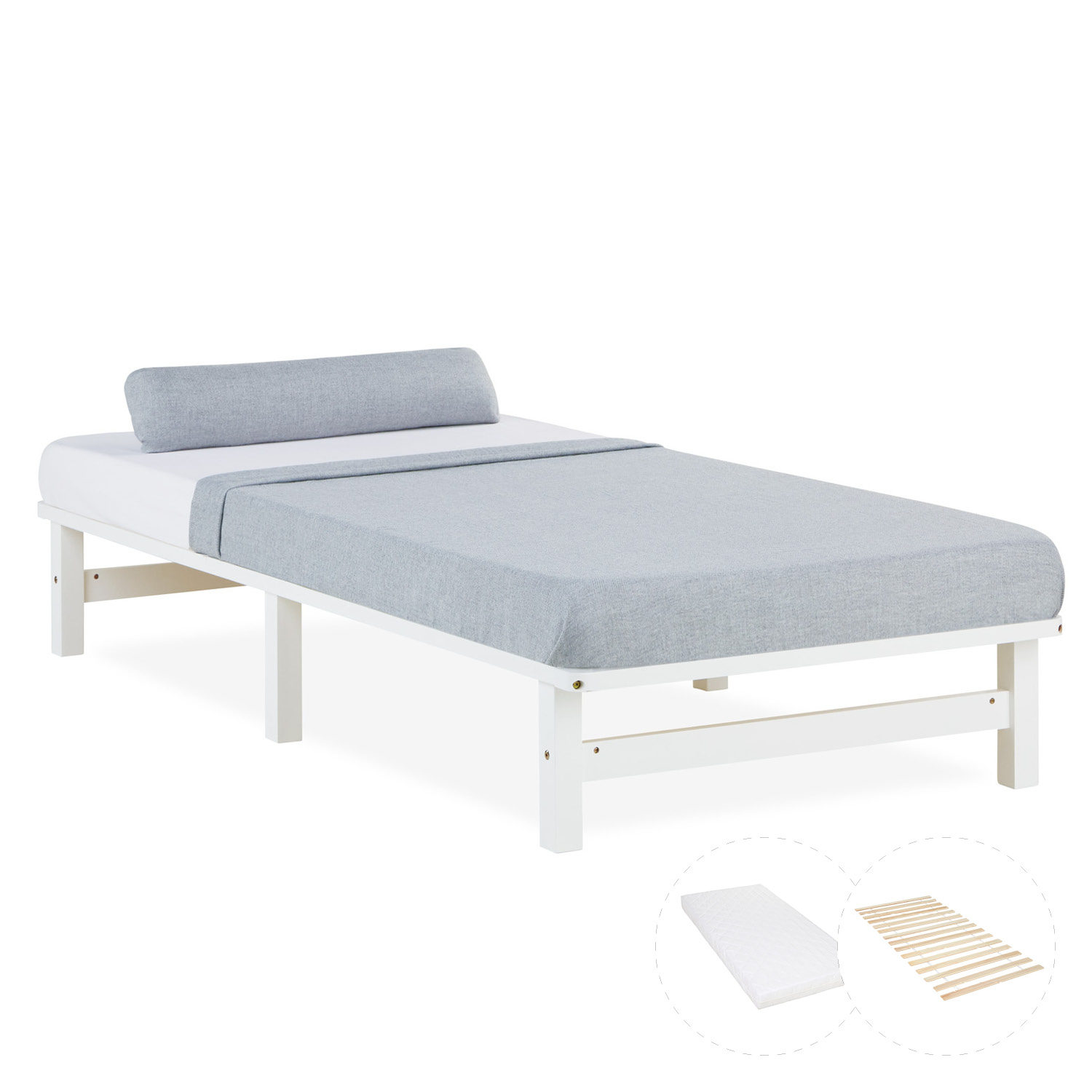 Pallet Bed 90x200 cm White | Single Bed with Mattress | with Slatted Frame | Wood | Kids Youth Guest Bedroom