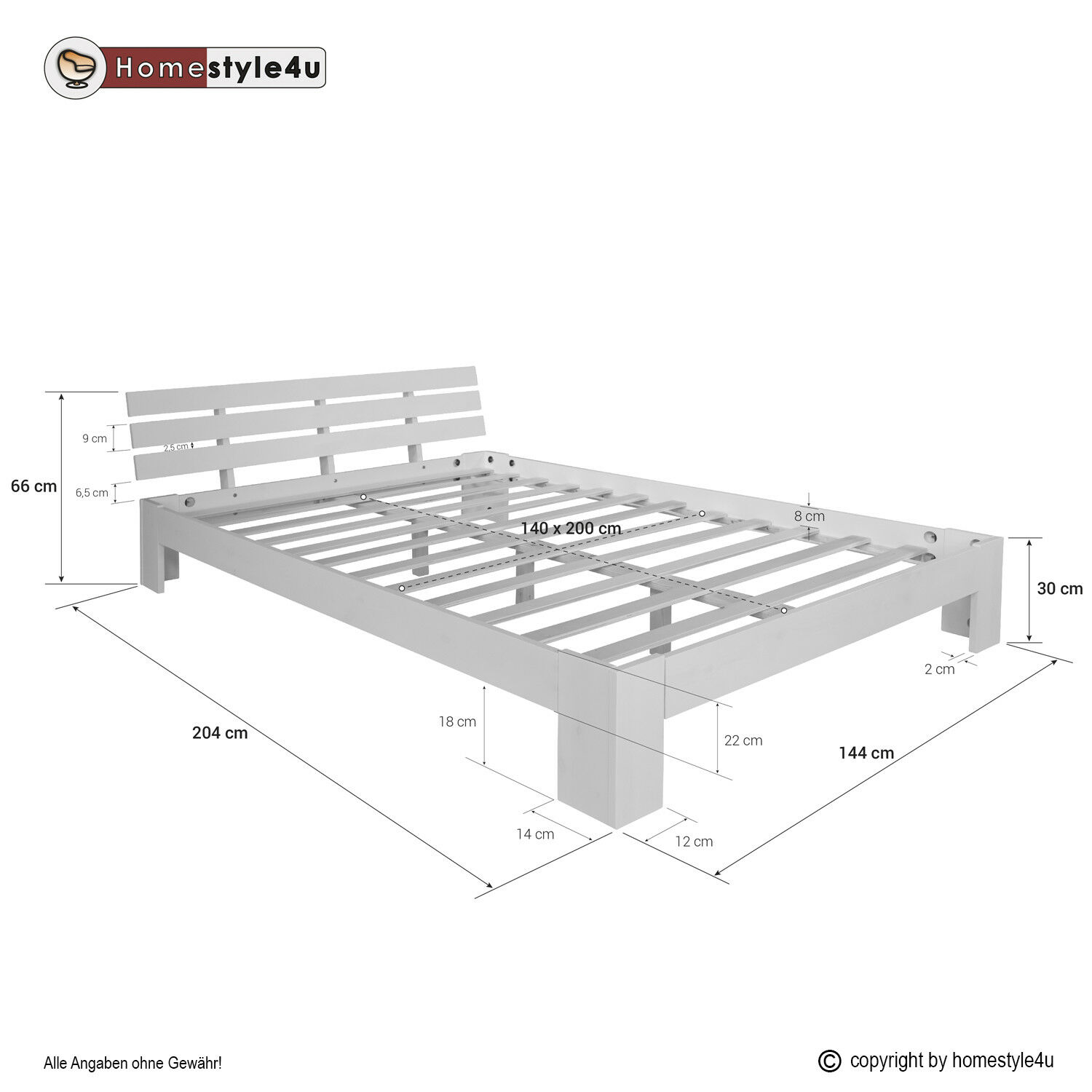 Holzbett 140x200 cm Natur | Doppelbett | mit Lattenrost | massiv | Kind Jugend Gast Schlafzimmer