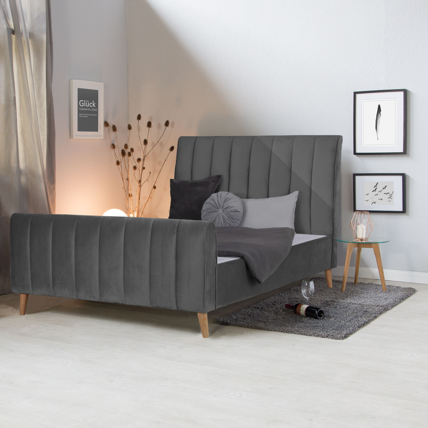 Upholstered Bed Velvet Pink Grey 140 x 200  cm with Slatted Frame Double Bed Fabric Bedstead 