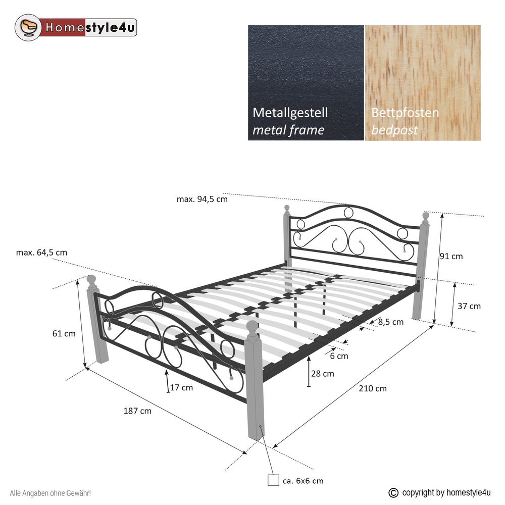 Metal Bed Iron Bed Double 180 x 200 Wood Slatted black natural bed frame 803 Metal Bed Iron Bed Double 180 x 200 Wood Slatted black natural bed frame 803
