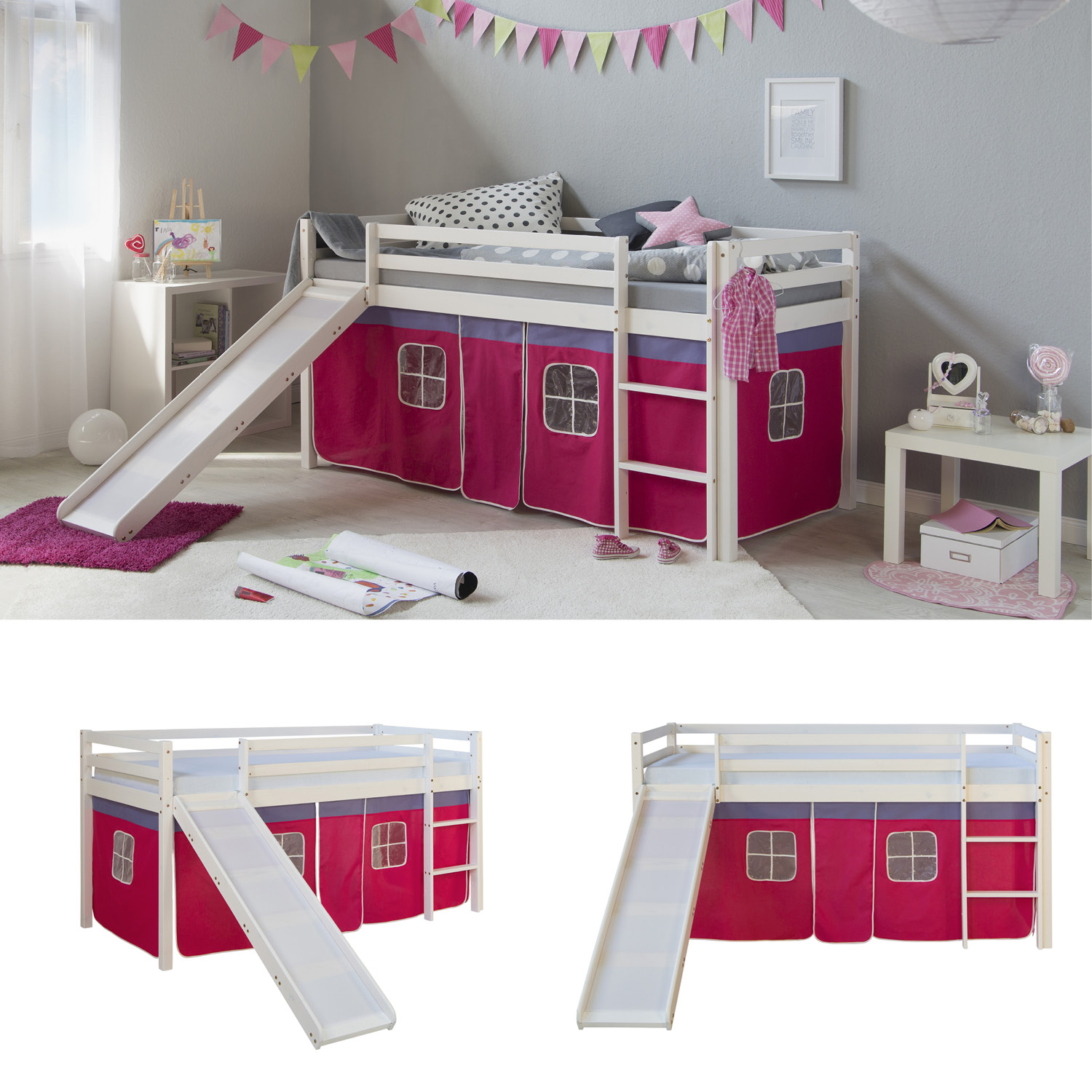 Loft Bed Kids 90x200 cm White with Curtain in Pink | Slide | without Slatted Frame Loft Bed Kids 90x200 cm White with Curtain in Pink | Slide | without Slatted Frame
