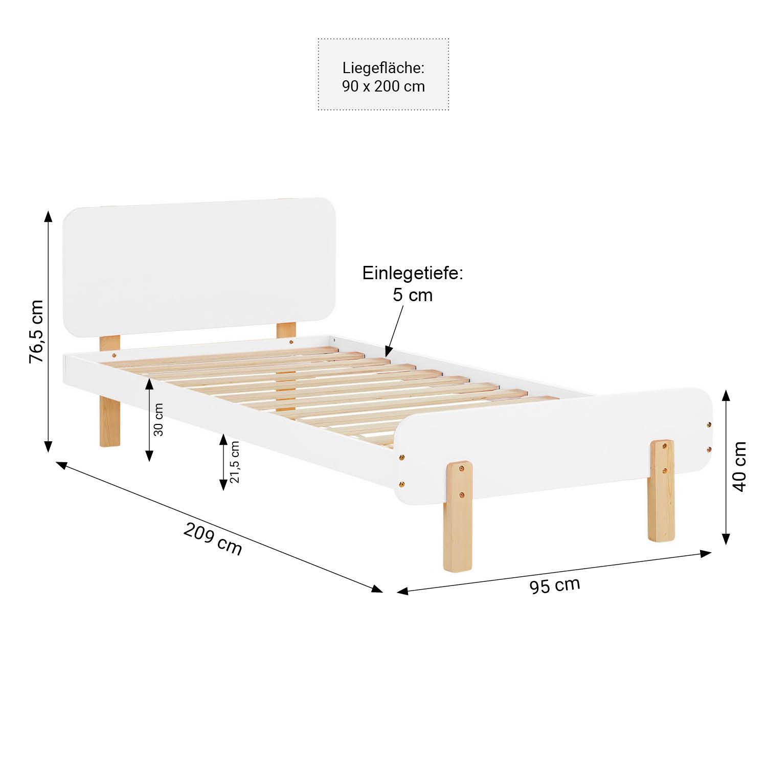 Single bed 90x200 cm White with Mattress Wooden Bed frame Kids bed Childrens bed Guest bed Slatted frame