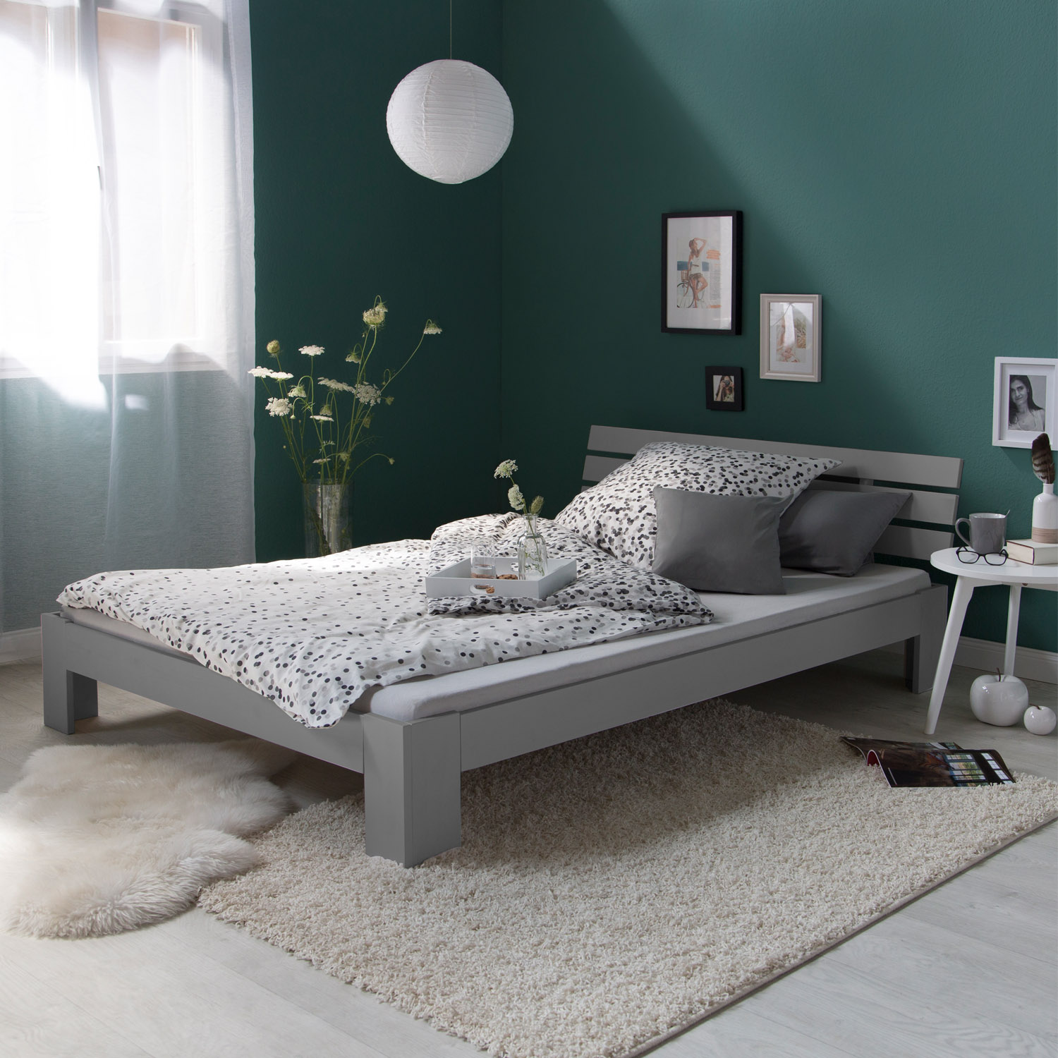 Wood Bed 160x200 cm Gray | Double Bed | with Slatted Frame | Solid | Kids Youth Guest Bedroom