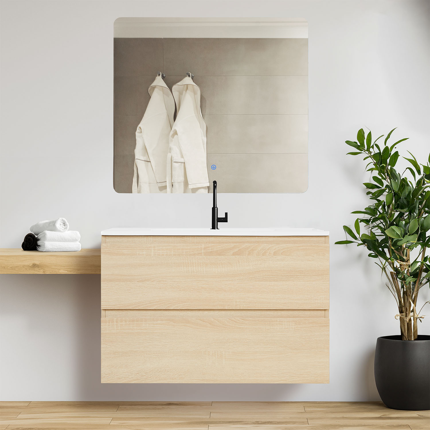 Bathroom mirror and cabinet 80 cm Natural Wood Oak Storage Vanity unit Bathroom furniture Sink unit Washroom wall cabinet 