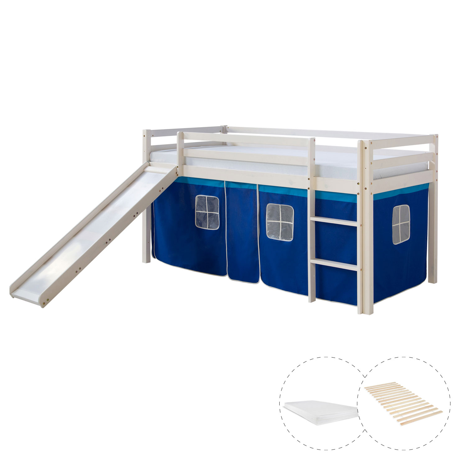 Loftbed 90x200 cm with Slide Mattress Bunk bed Childrens bed Solid Pine Wood Slats Curtain Blue Loftbed 90x200 cm with Slide Mattress Bunk bed Childrens bed Solid Pine Wood Slats Curtain Blue
