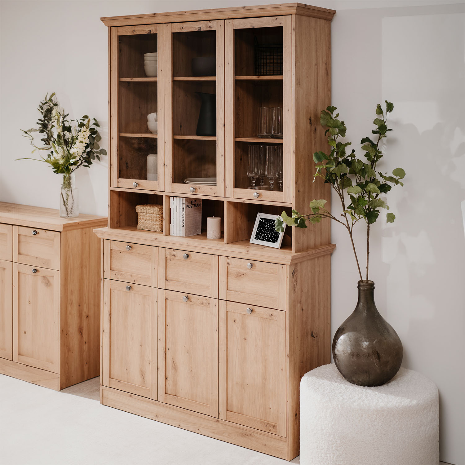 Buffet Cabinet Wood Oak Sideboard Cupboard Kitchen Storage with Glass Doors