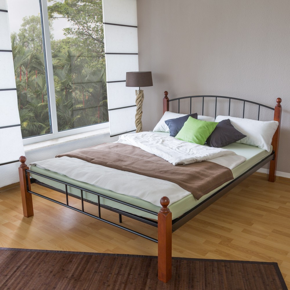 Metal Bed Iron Bed Double 180 x 200 Wood Slatted black brown bed frame 915