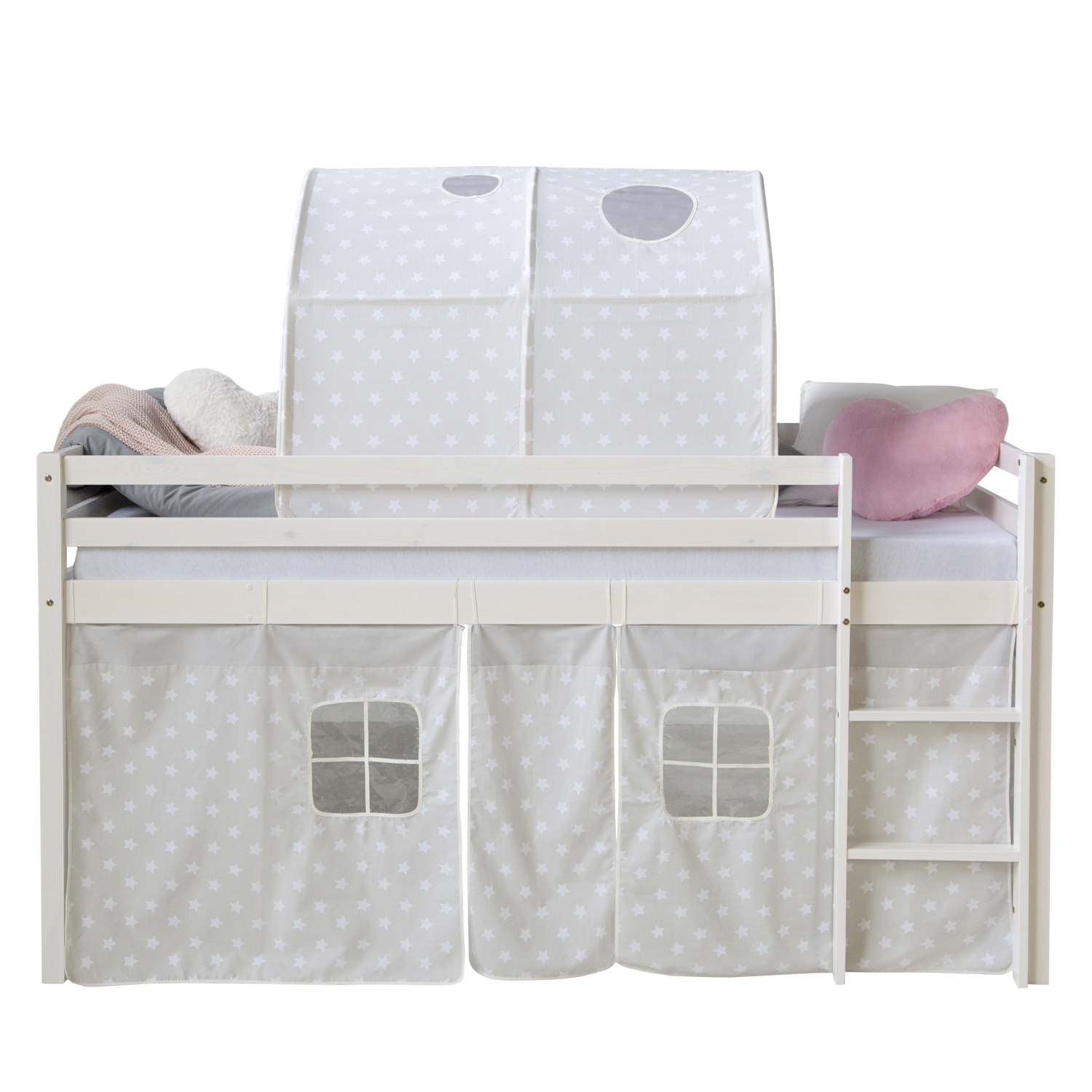Loft Bed Kids 90x200 cm White with Curtain Stars | Tunnel | without Slatted Frame Loftbed 90x200 cm with Mattress Bunk bed Childrens bed Solid Pine Wood Curtain Tunnel Grey Stars Slats