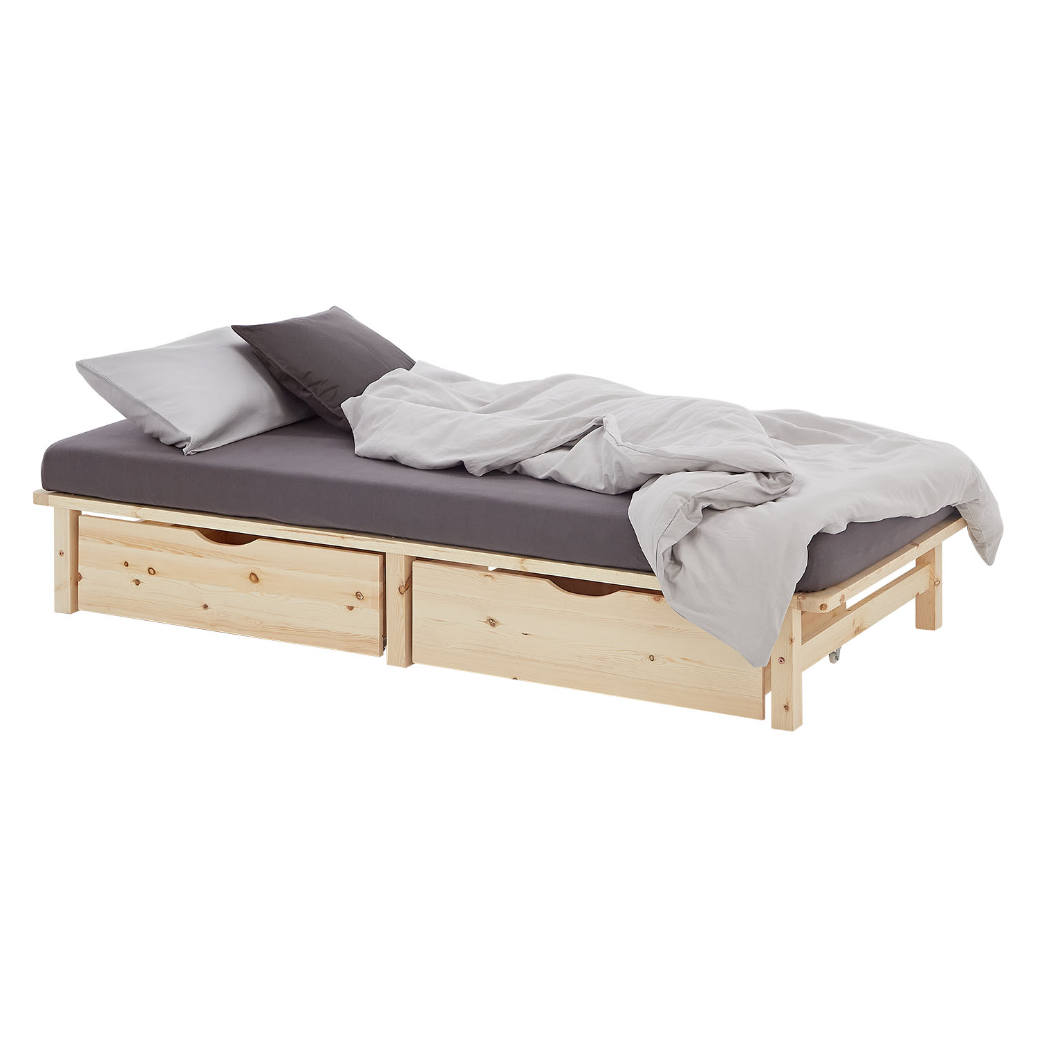 Pallet Bed 100x200 cm Natural | Single Bed with Storage Drawers | with Slatted Frame | Wood | Kids Youth Guest Bedroom