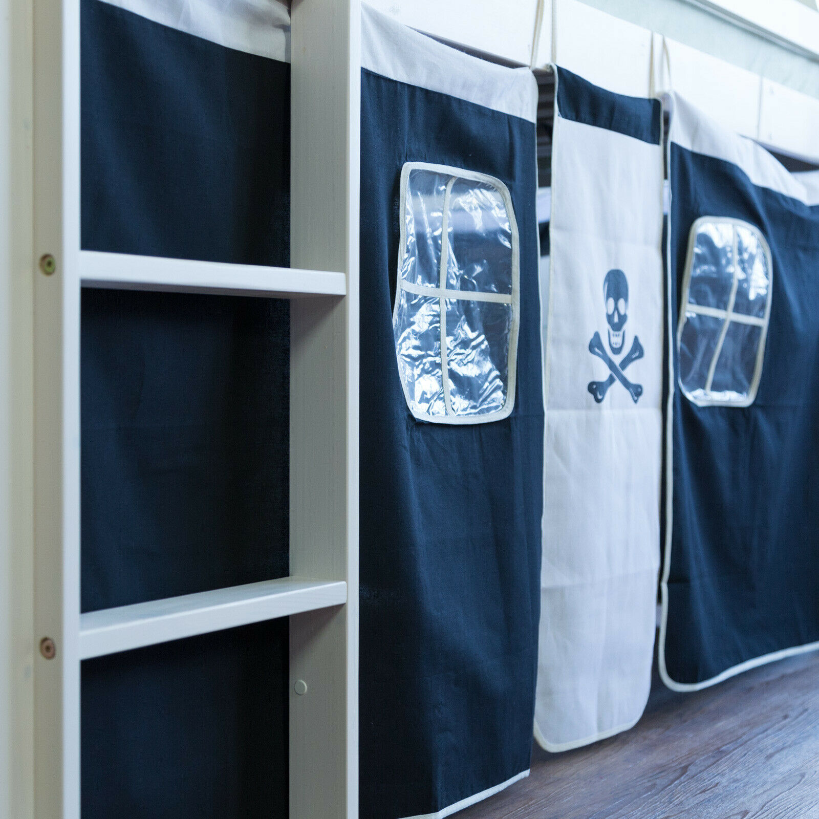 Loft Bed Kids 90x200 cm White with Curtain in Black | Tunnel | without Slatted Frame Loft Bed Kids 90x200 cm White with Curtain in Black | Tunnel | without Slatted Frame