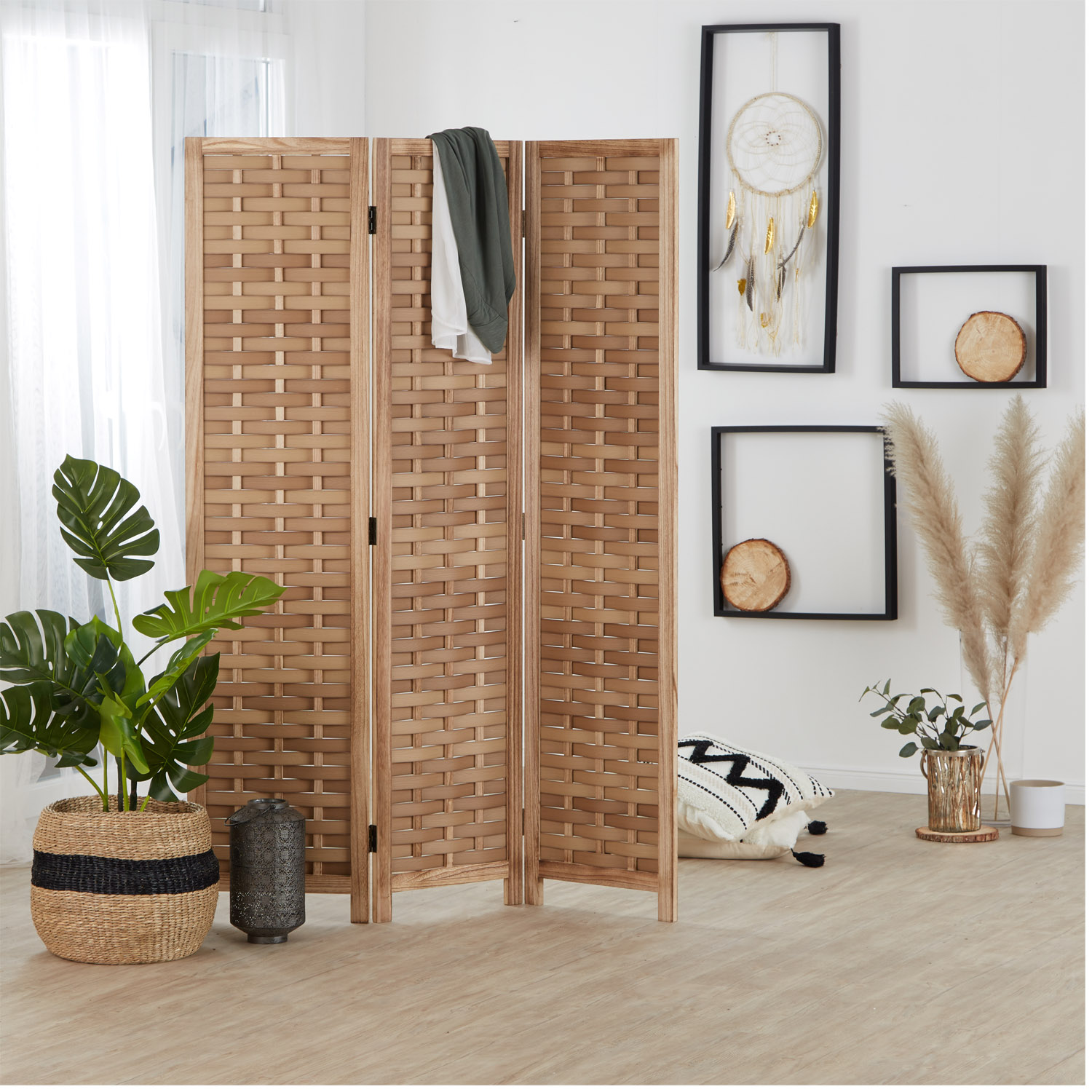 Paravent Natural Rattan-Style | 3-panel | Wood | Room Divider Partition Privacy Screen