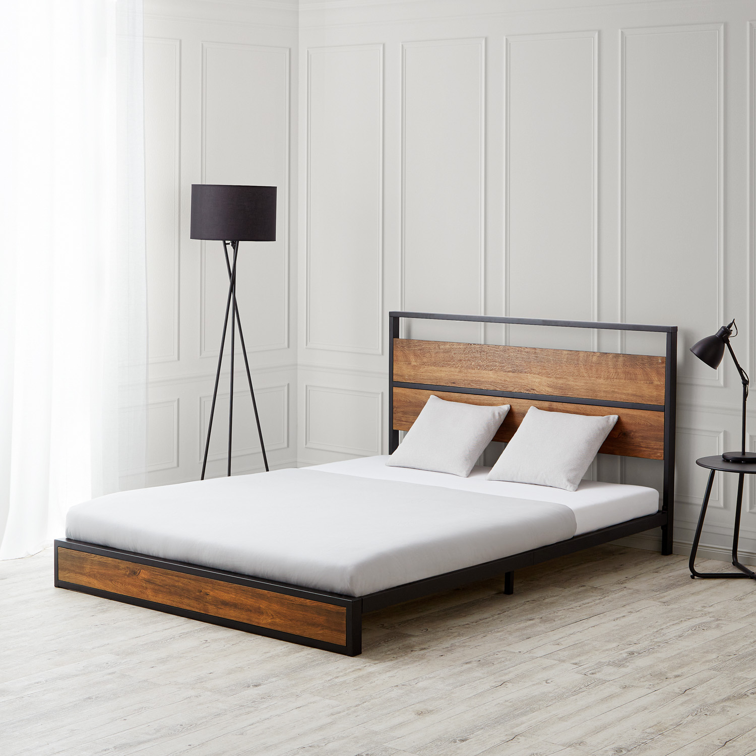 Solid Metal Bed 140x200 cm Slatts Double Bed Black Futon Bed Wood Brown Platform Bed Frame Guest Bed 