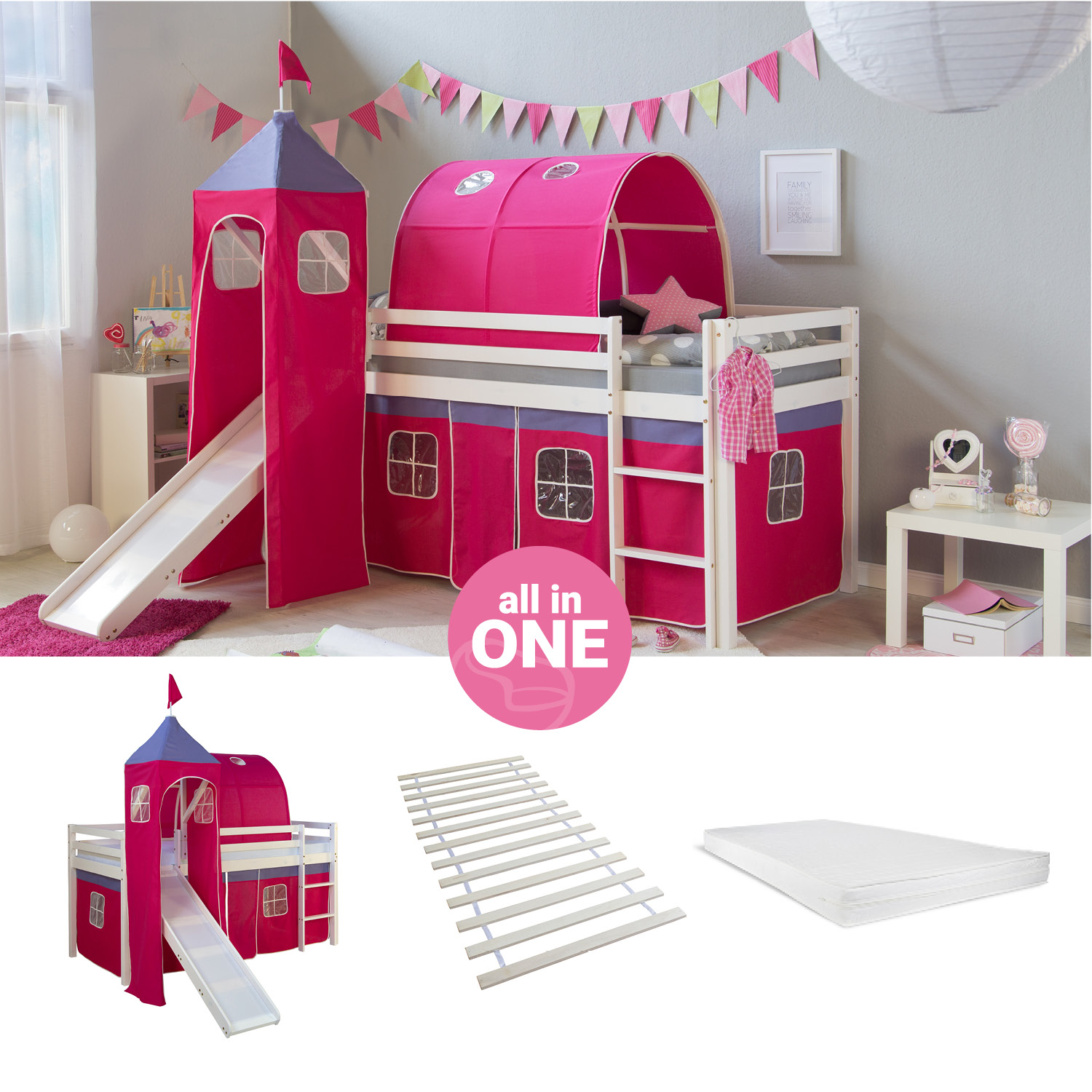 Loftbed 90x200 cm with Tower Tunnel Slide Mattress Bunk bed Childrens bed Solid Pine Wood Slats Curtain Pink Loftbed 90x200 cm with Tower Tunnel Slide Mattress Bunk bed Childrens bed Solid Pine Wood Slats Curtain Pink