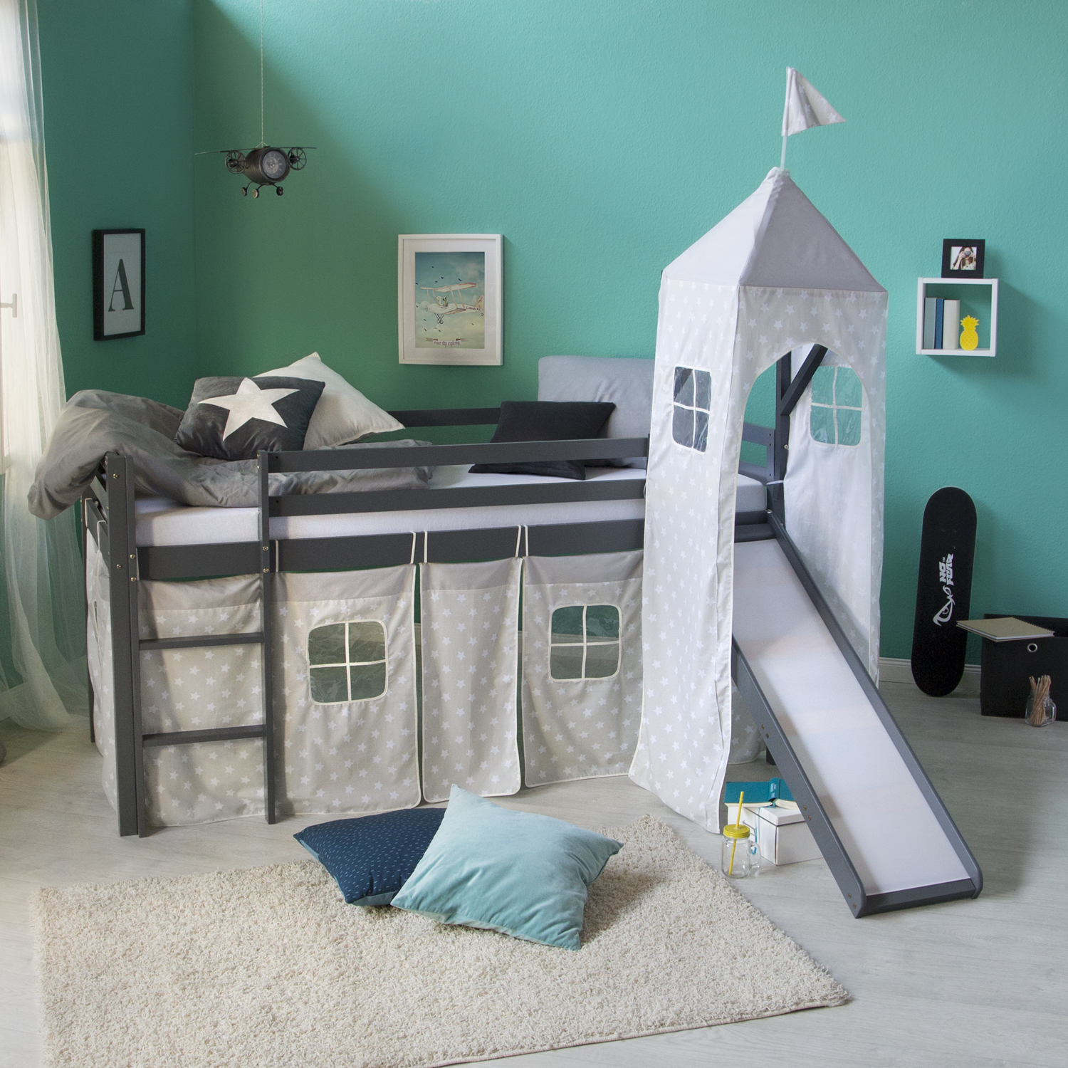 Childrenbed Slide Tower Solid Pine Curtain grey stars 90x200