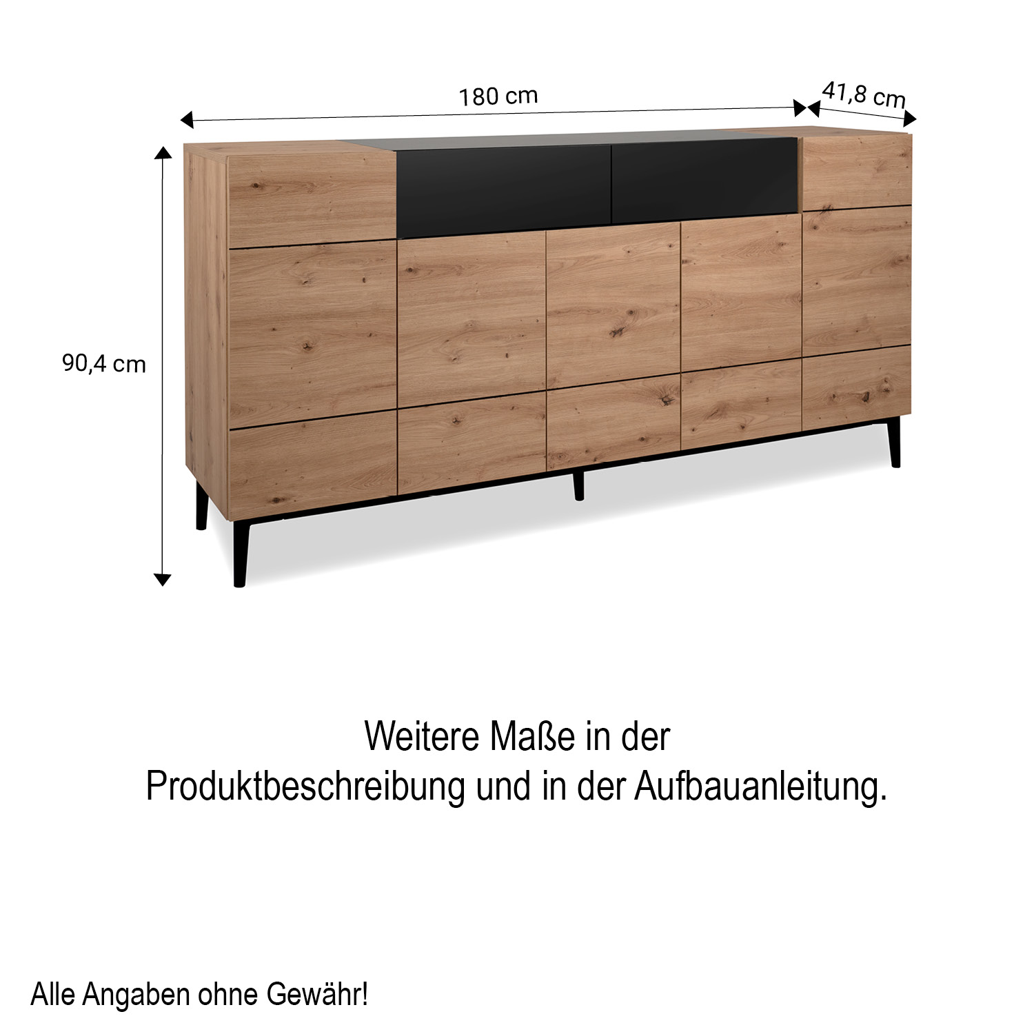 Sideboard Kommode Eiche Holz in Natur Schwarz Wohnzimmerschrank