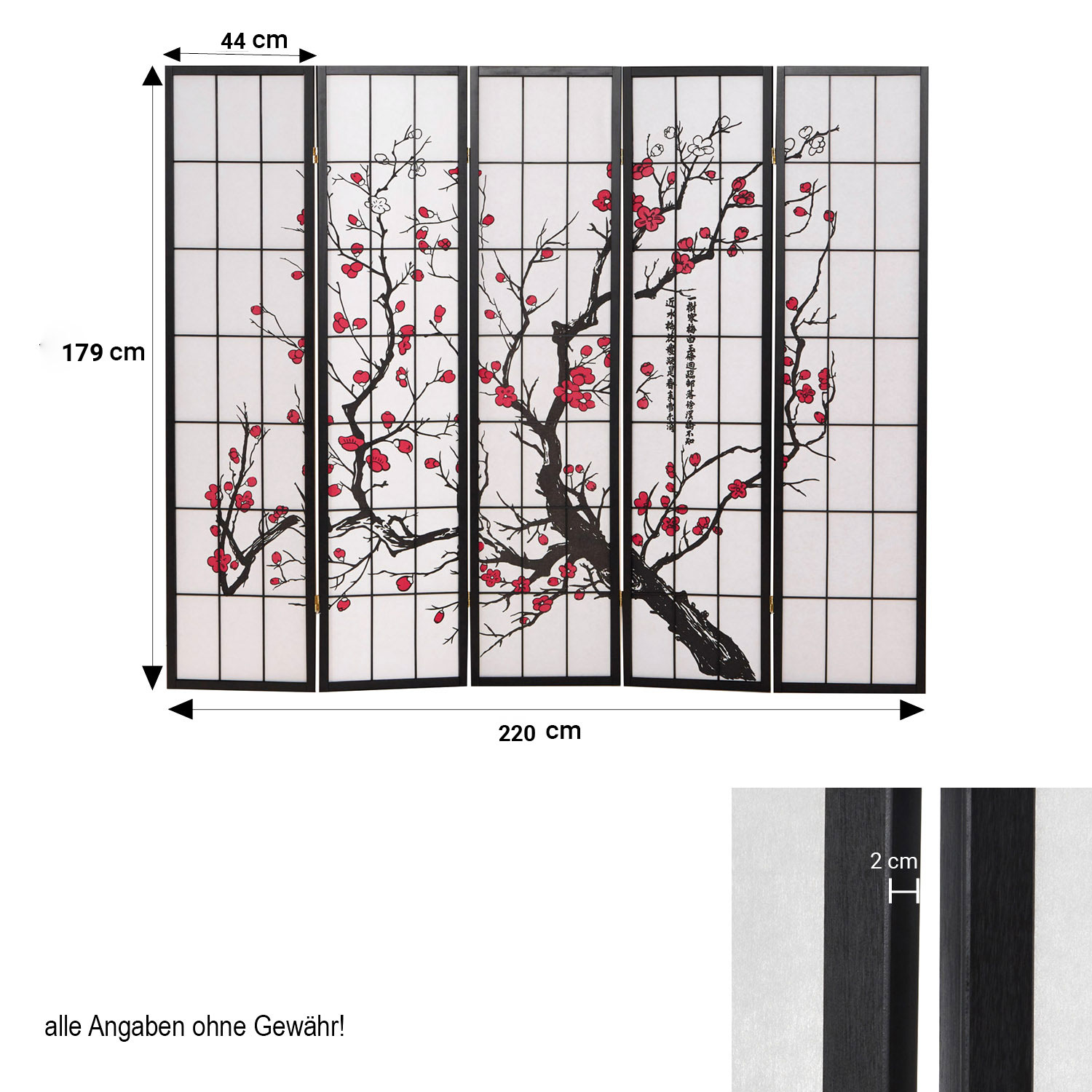 Paravent Schwarz Kirschmuster | Reispapier Weiß| 5 teilig | Holz | Raumteiler Trennwand Sichtschutz