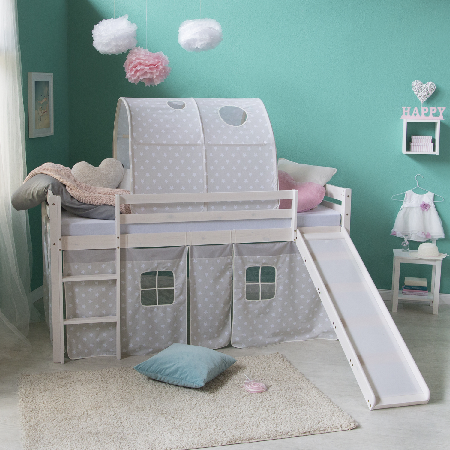 Loft Bed Kids 90x200 cm White with Curtain Stars | Tunnel | Slide | without Slatted Frame