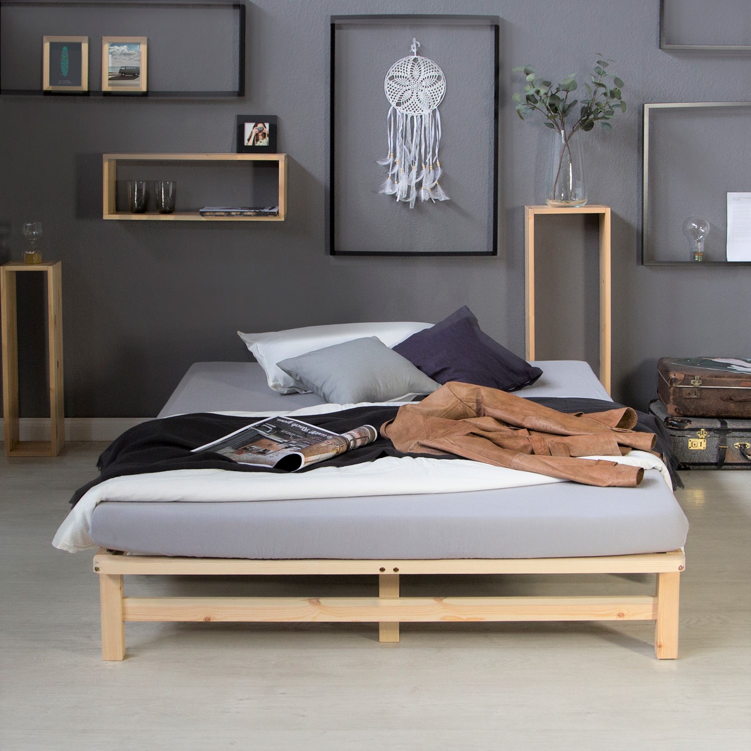 Pallet Bed 140x200 cm Natural | Double Bed with Mattress | with Slatted Frame | Wood | Kids Youth Guest Bedroom